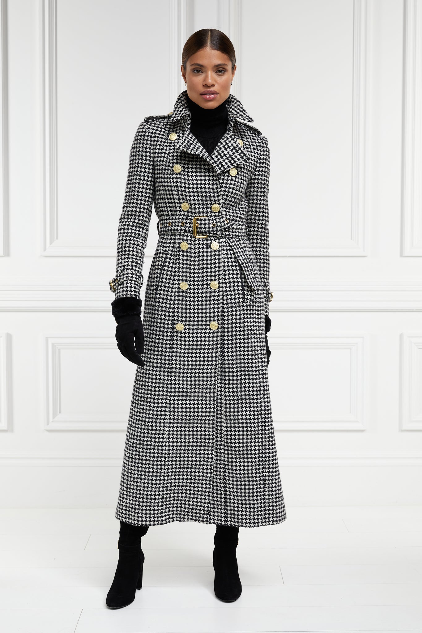womens black and white houndstooth double breasted full length wool trench coat