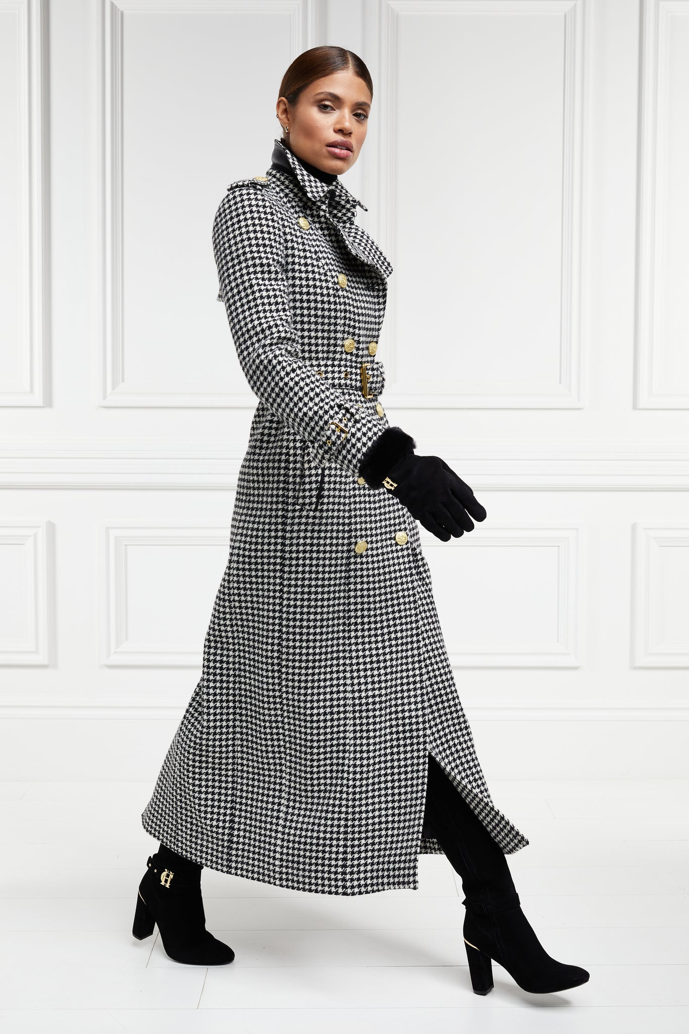 womens black and white houndstooth double breasted full length wool trench coat