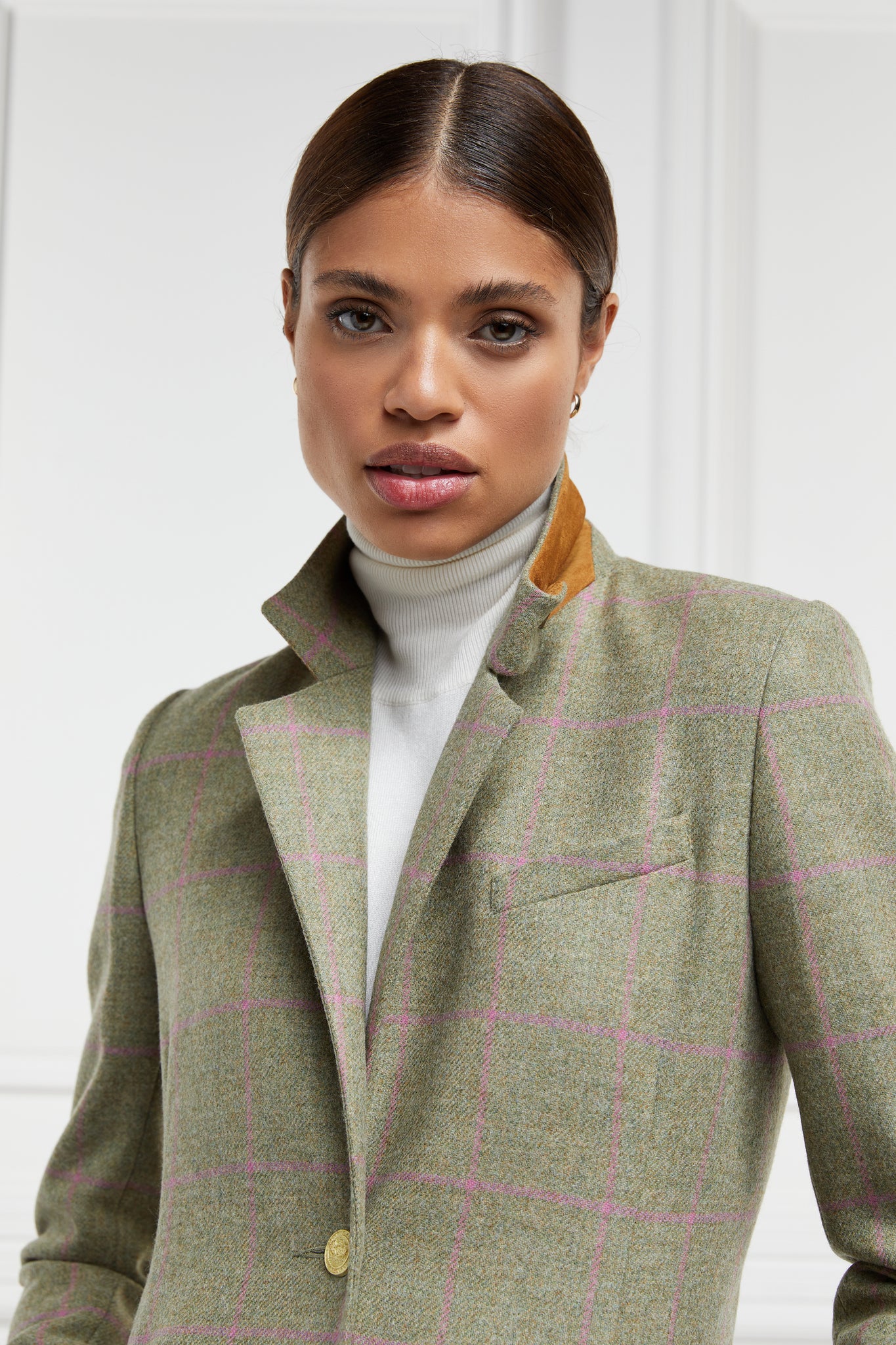 womens green and pink check single breasted full length wool coat