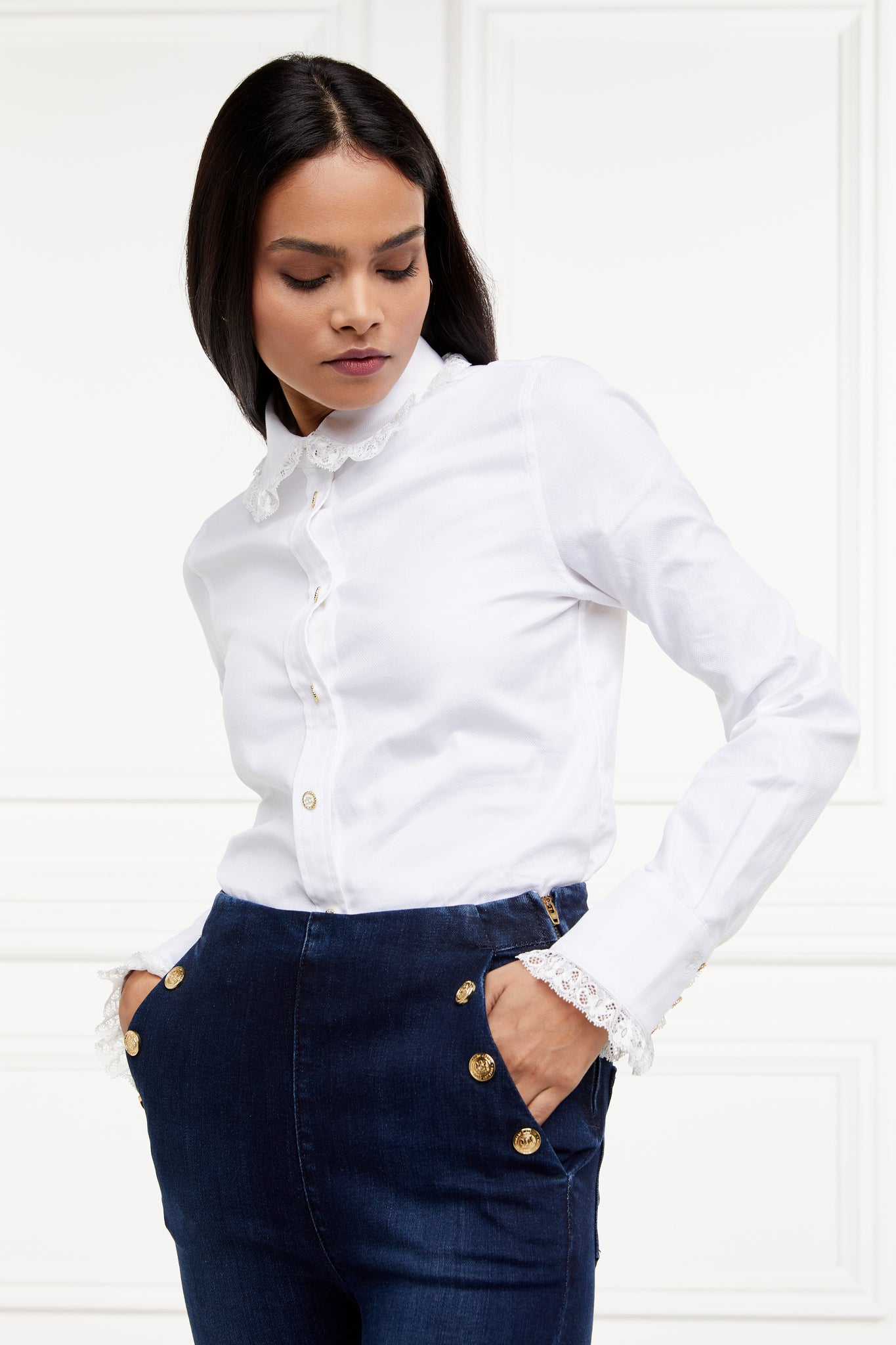 feminine white shirt with delicate lace trim around the club style collar and cuffs and detailed with enamel holland cooper buttons