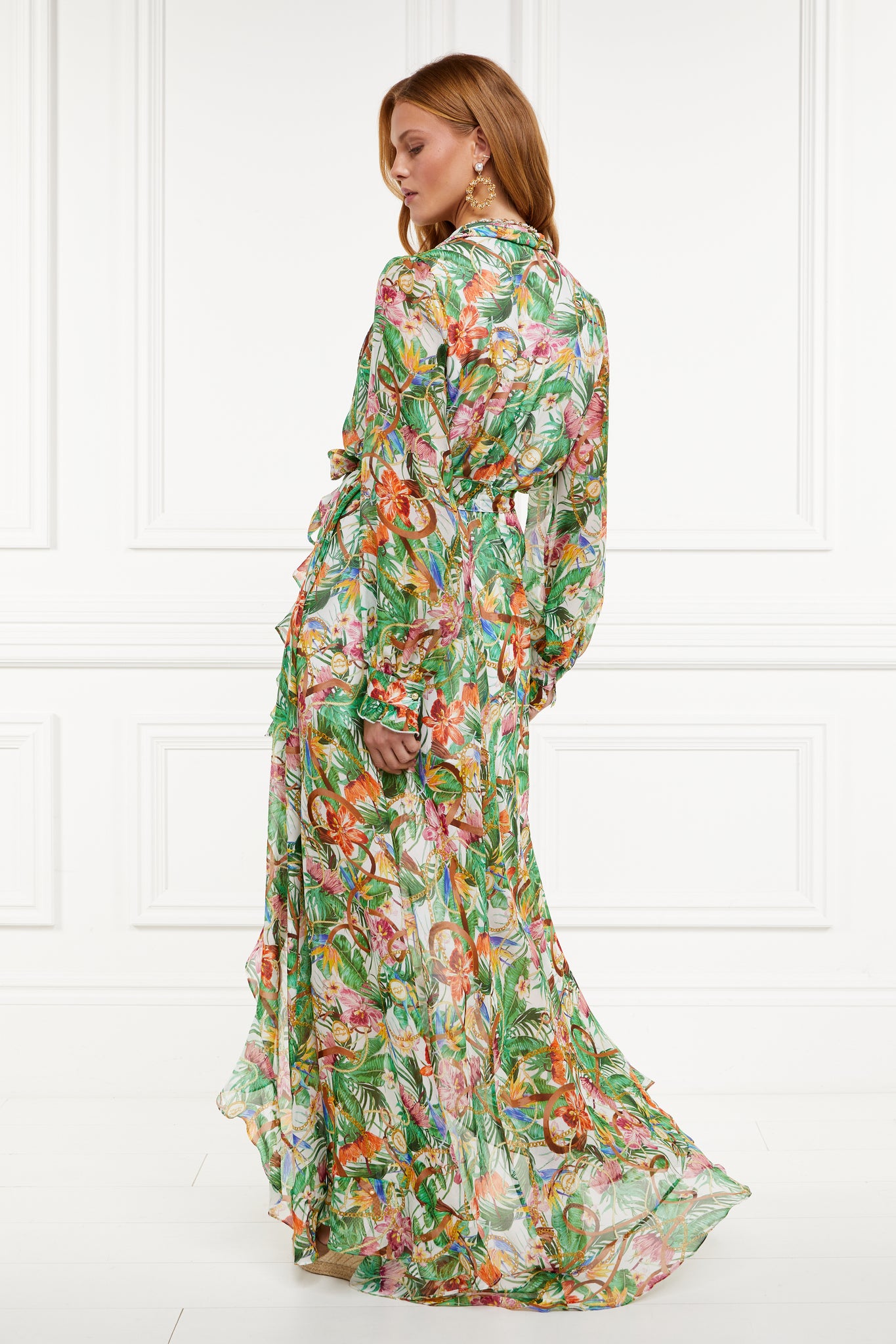 back shot of womens printed multi coloured maxi dress