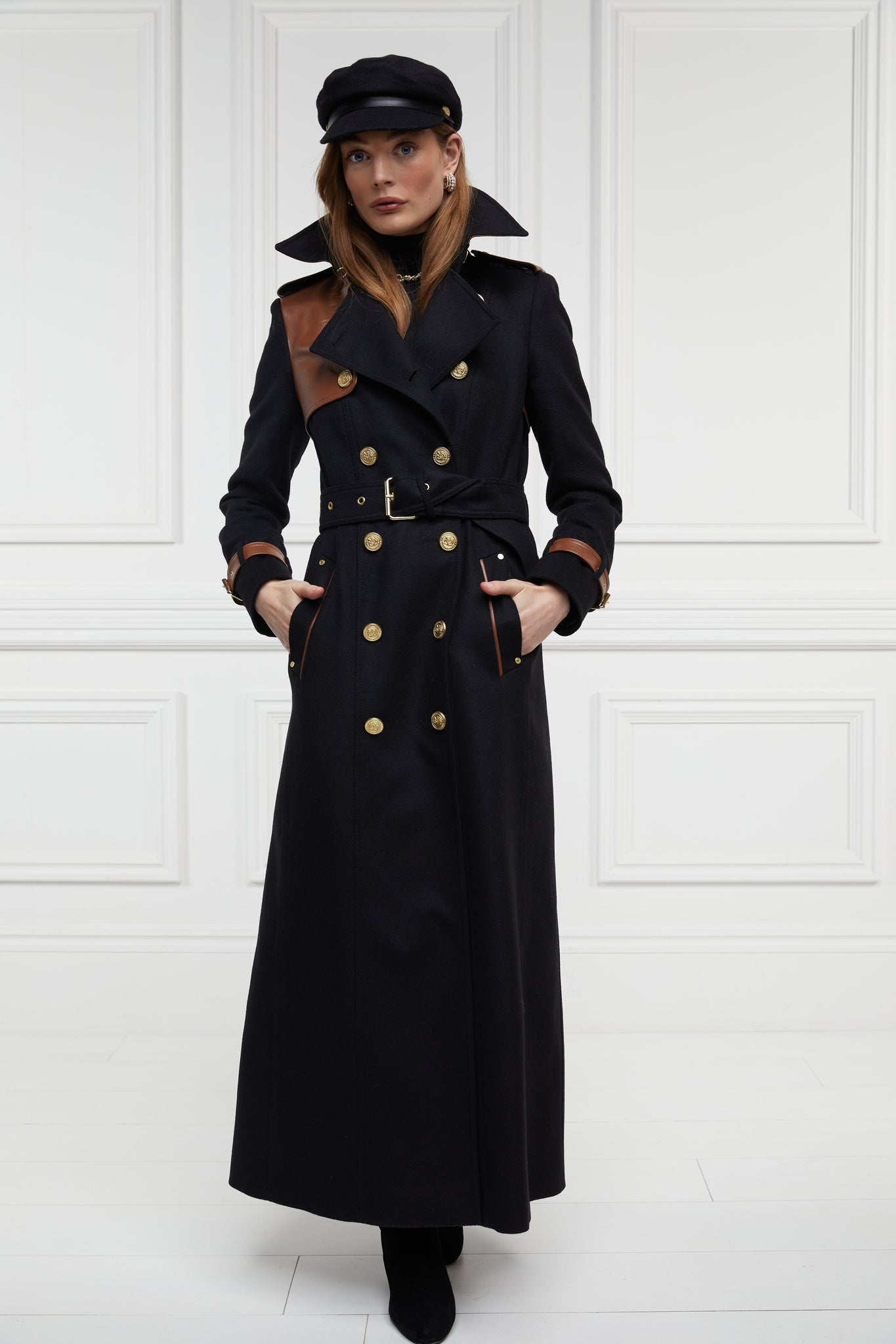 womens black wool and tan leather double breasted full length trench coat with womens black wool flat cap hat