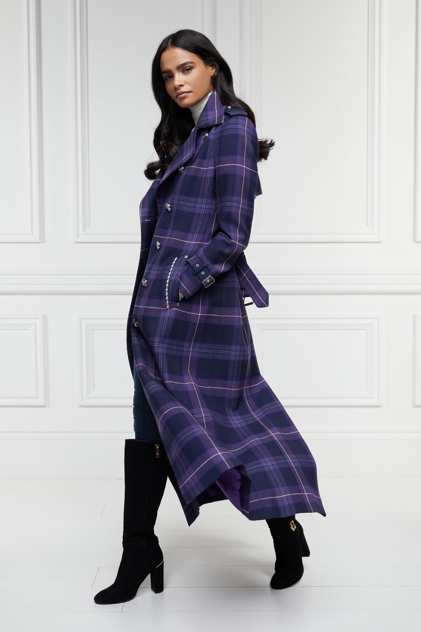 side of womens purple tartan double breasted full length wool trench coat