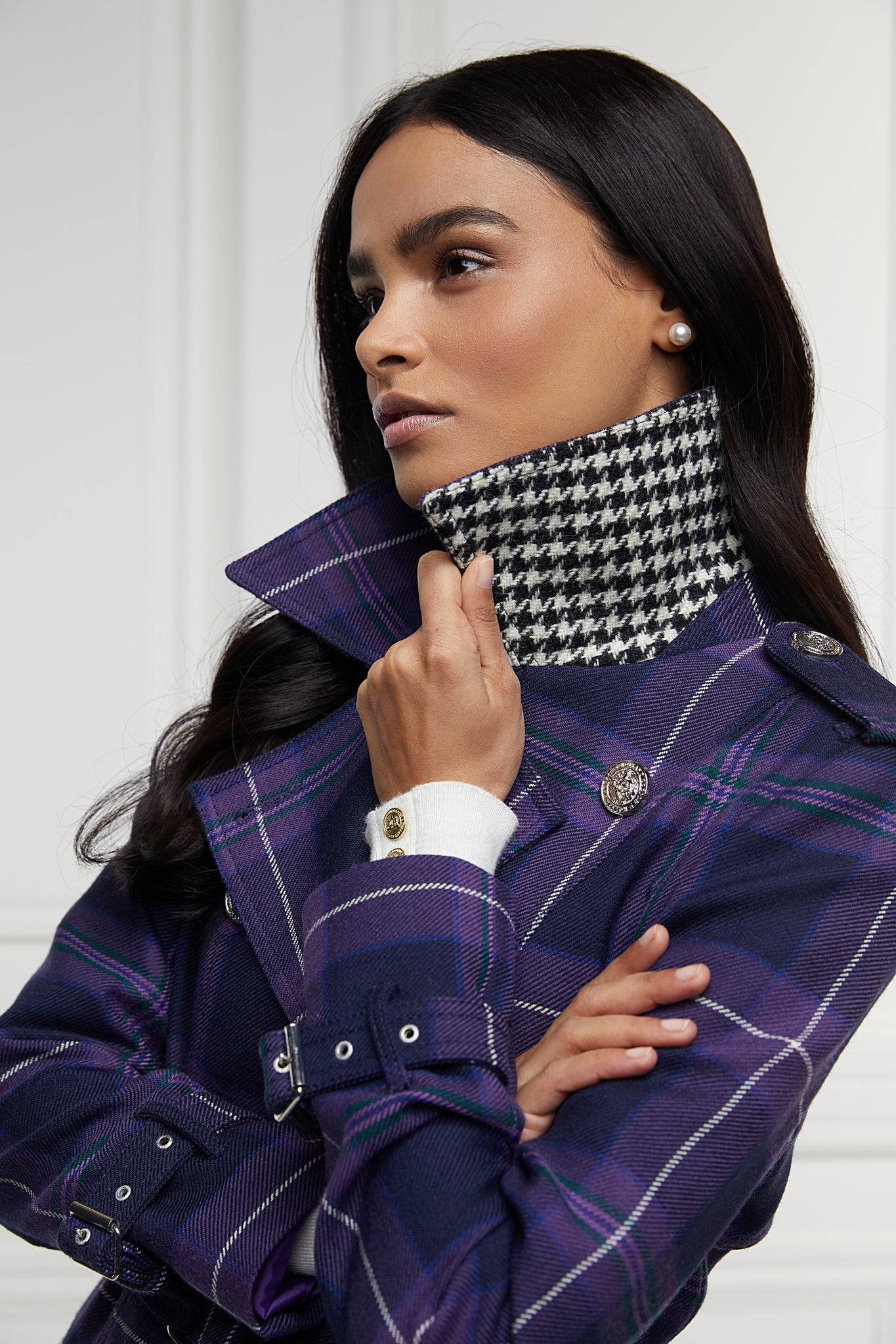 womens purple tartan double breasted full length wool trench coat with black and white houndstooth under collar
