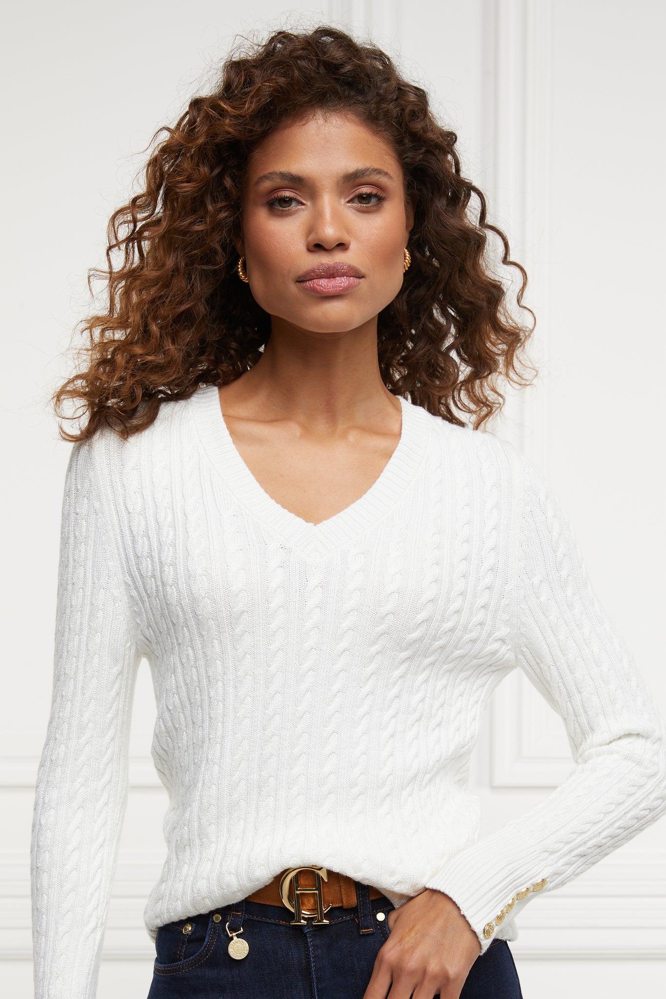 womens lightweight v neck cable knit jumper in white detailed with gold buttons at the cuffs