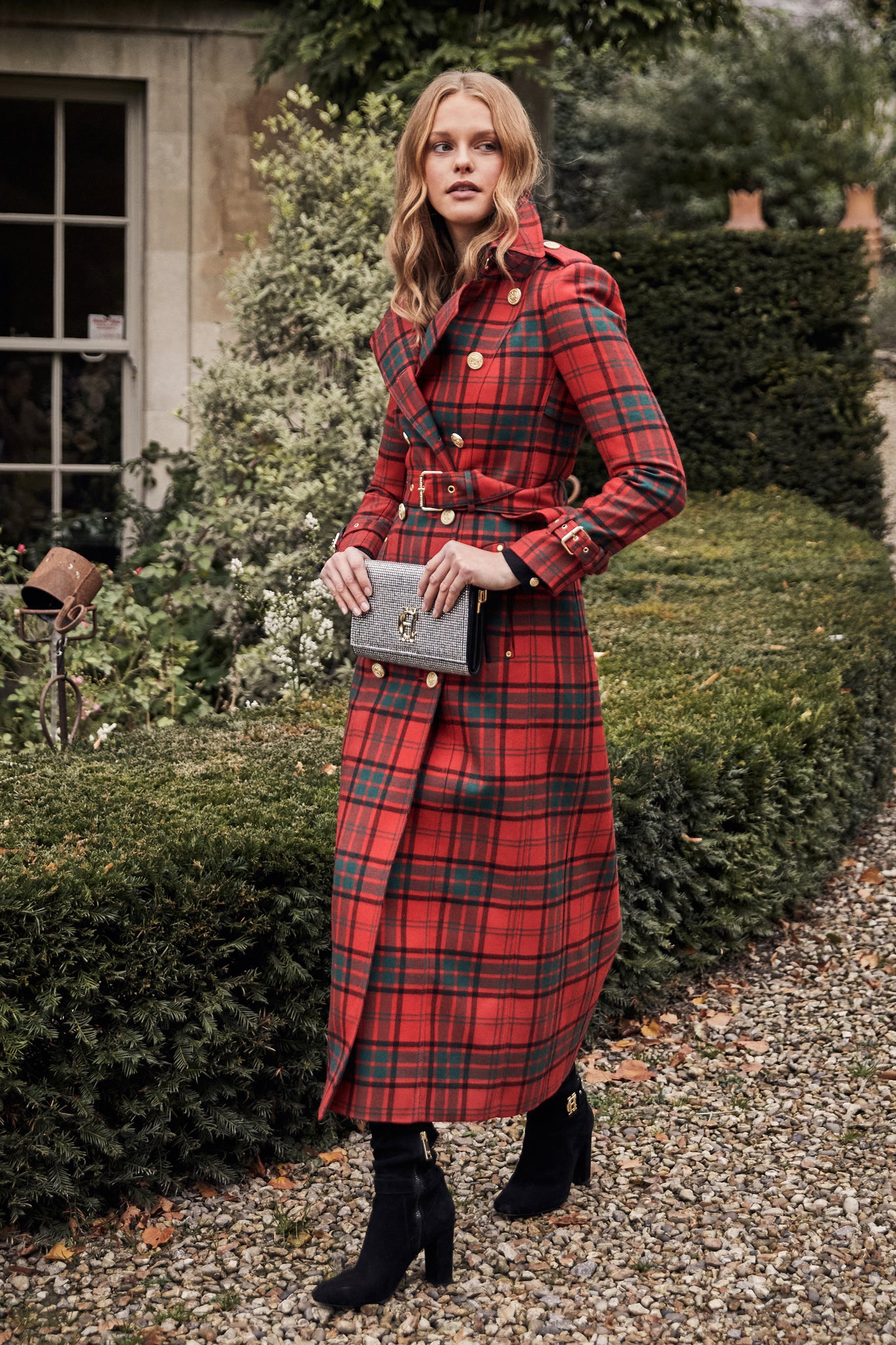 womens red green tartan double breasted full length wool trench coat with crystal clutch bag