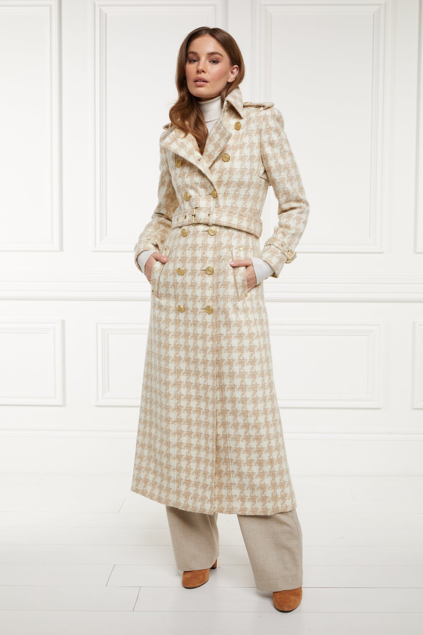 womens cream and camel houndstooth double breasted full length wool trench coat