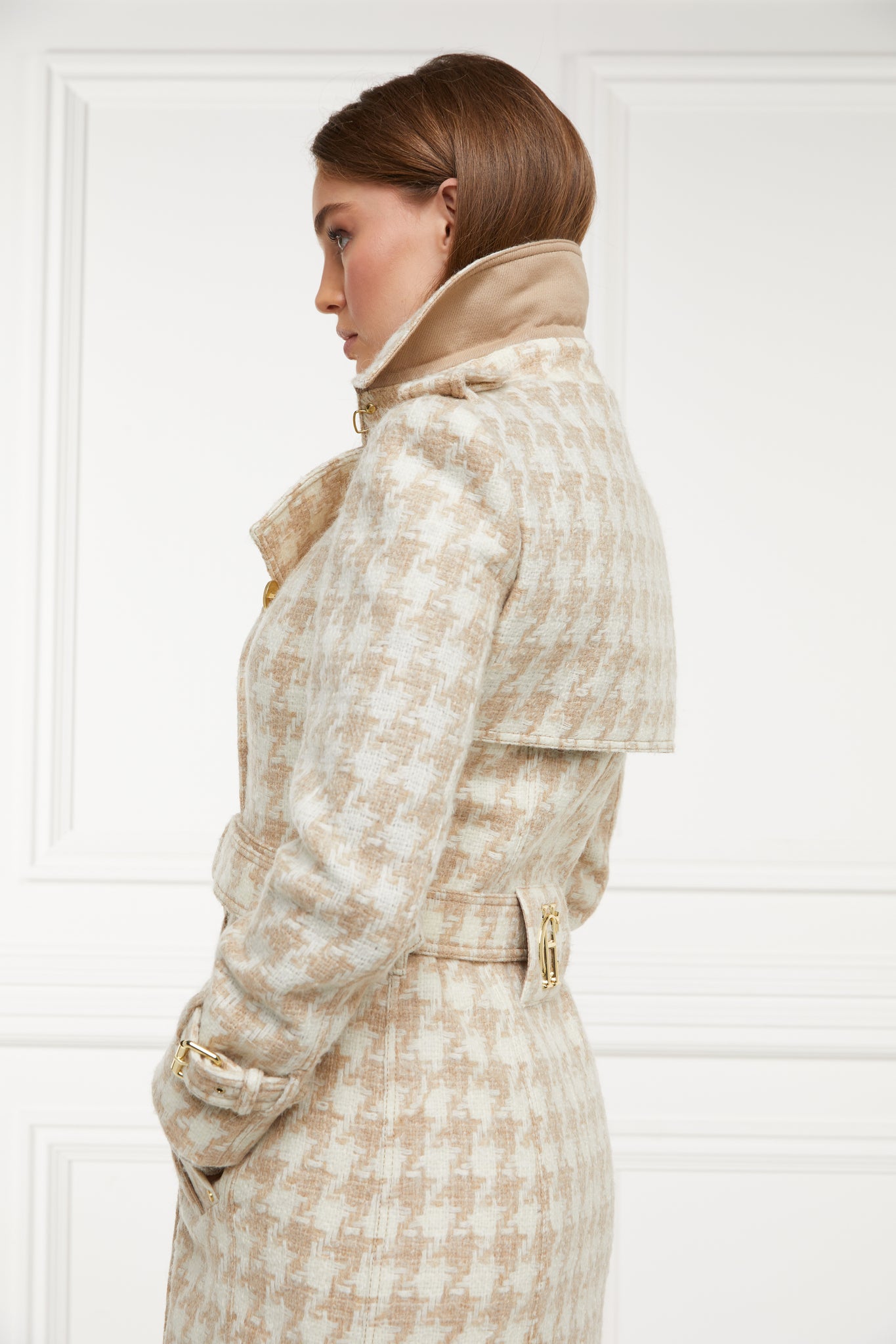 Camel under collar detail on womens cream and camel houndstooth double breasted full length wool trench coat