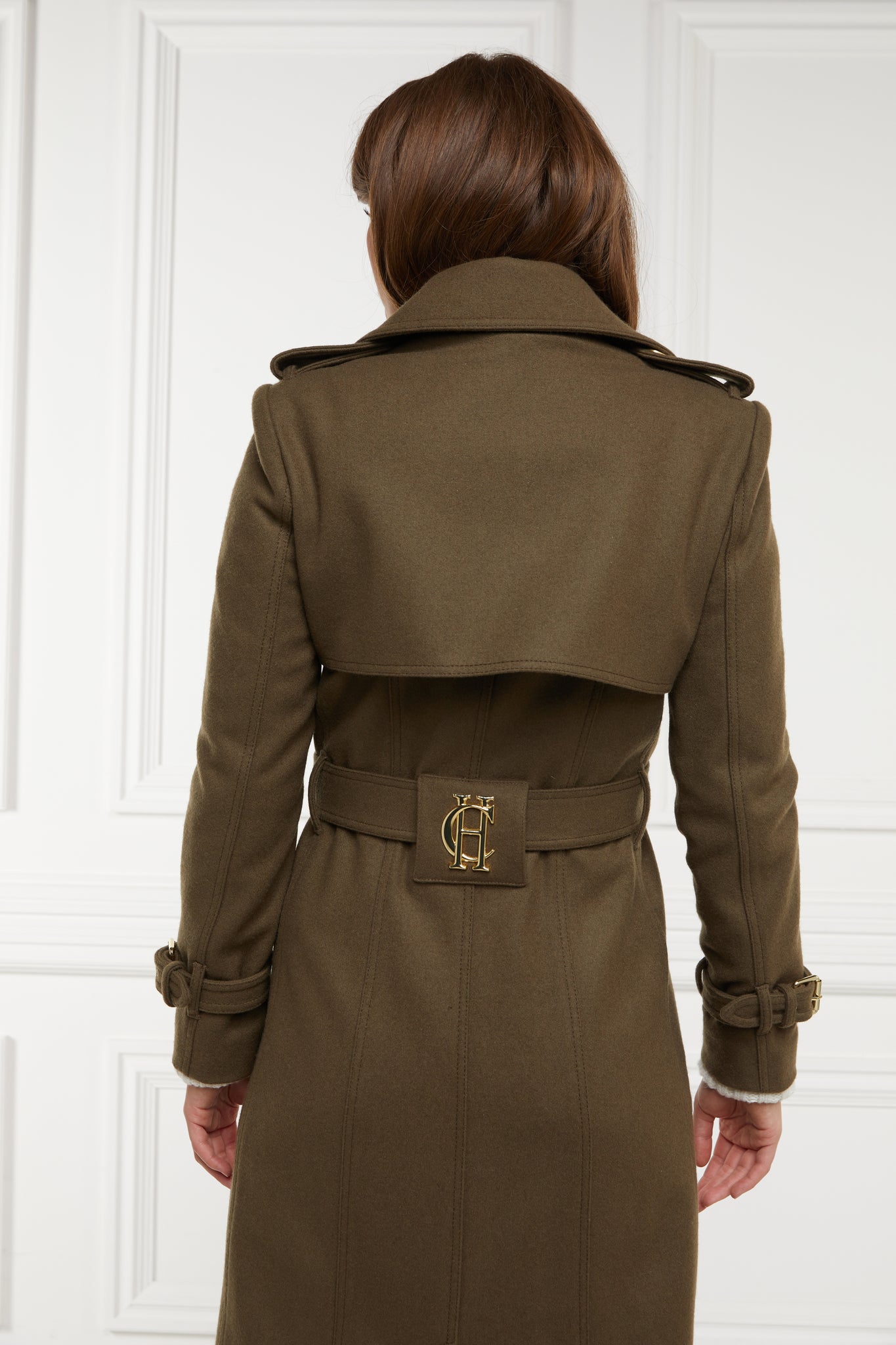 back of womens khaki wool double breasted trench coat