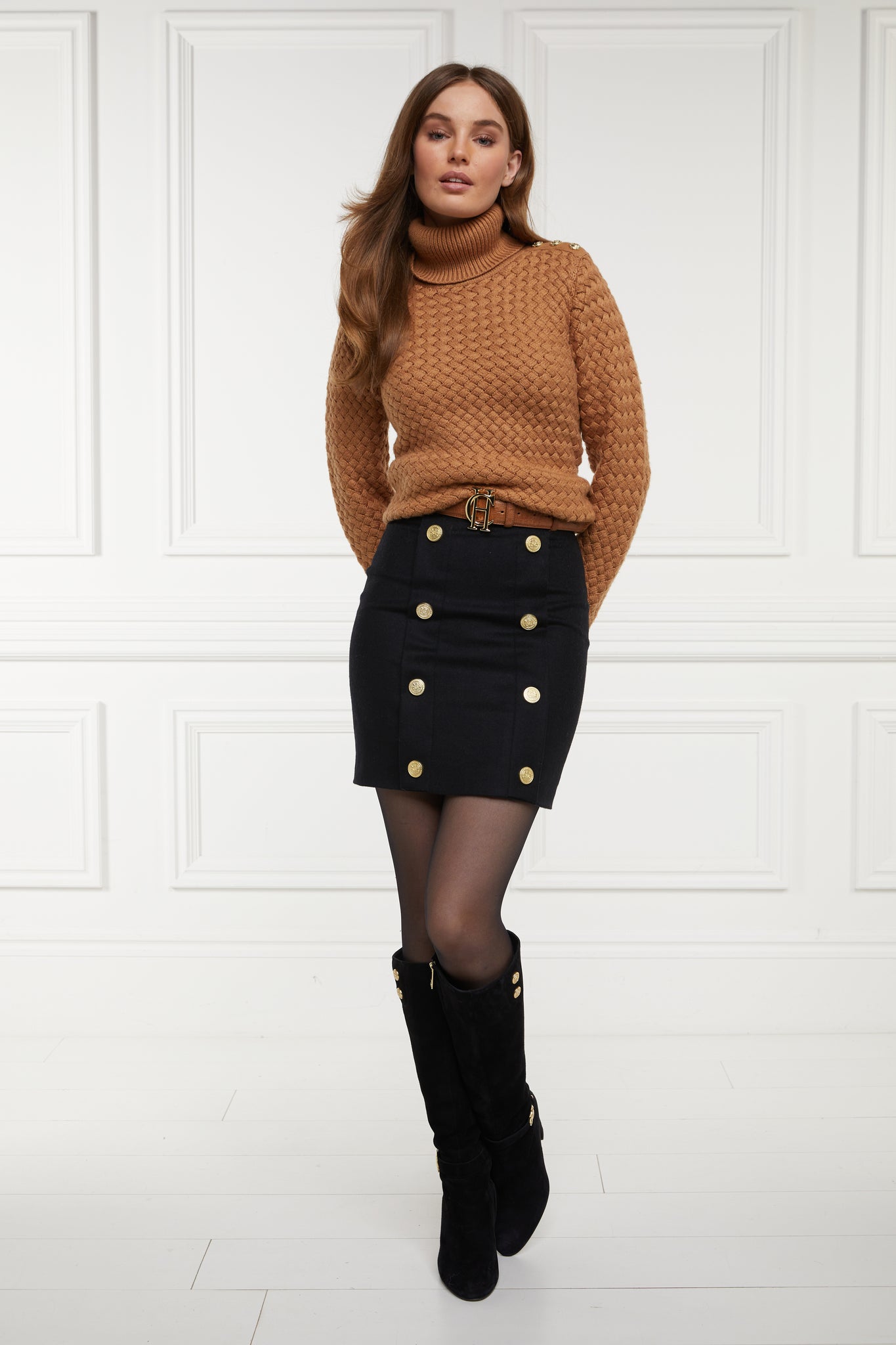womens black and tan wool pencil mini skirt with concealed zip fastening on centre back and gold rivets down front