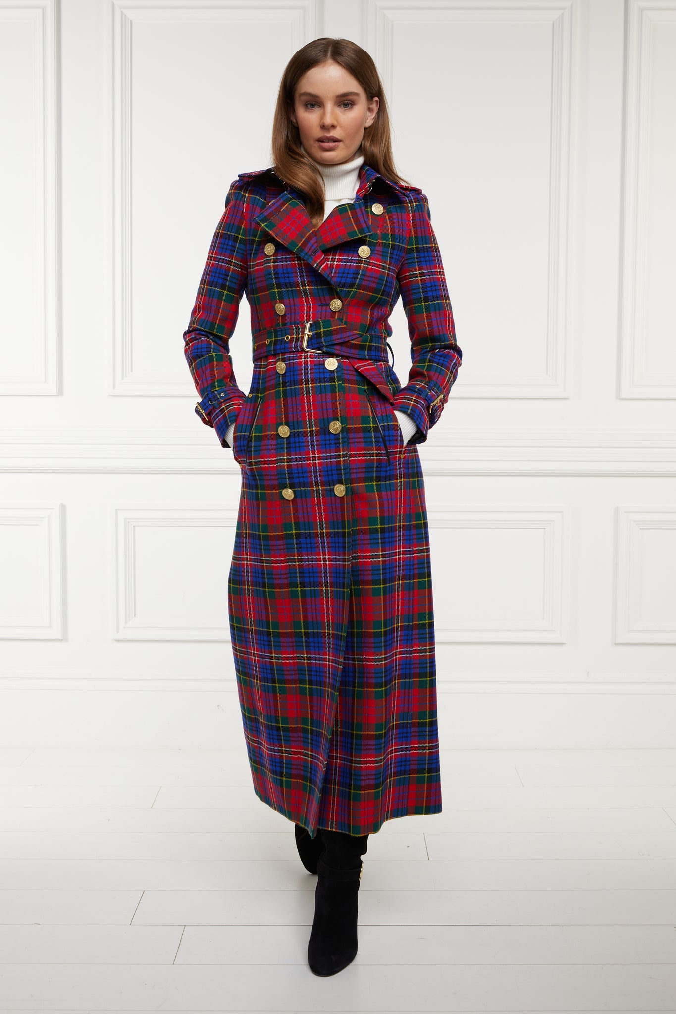 womens red green bright blue tartan double breasted full length wool trench coat