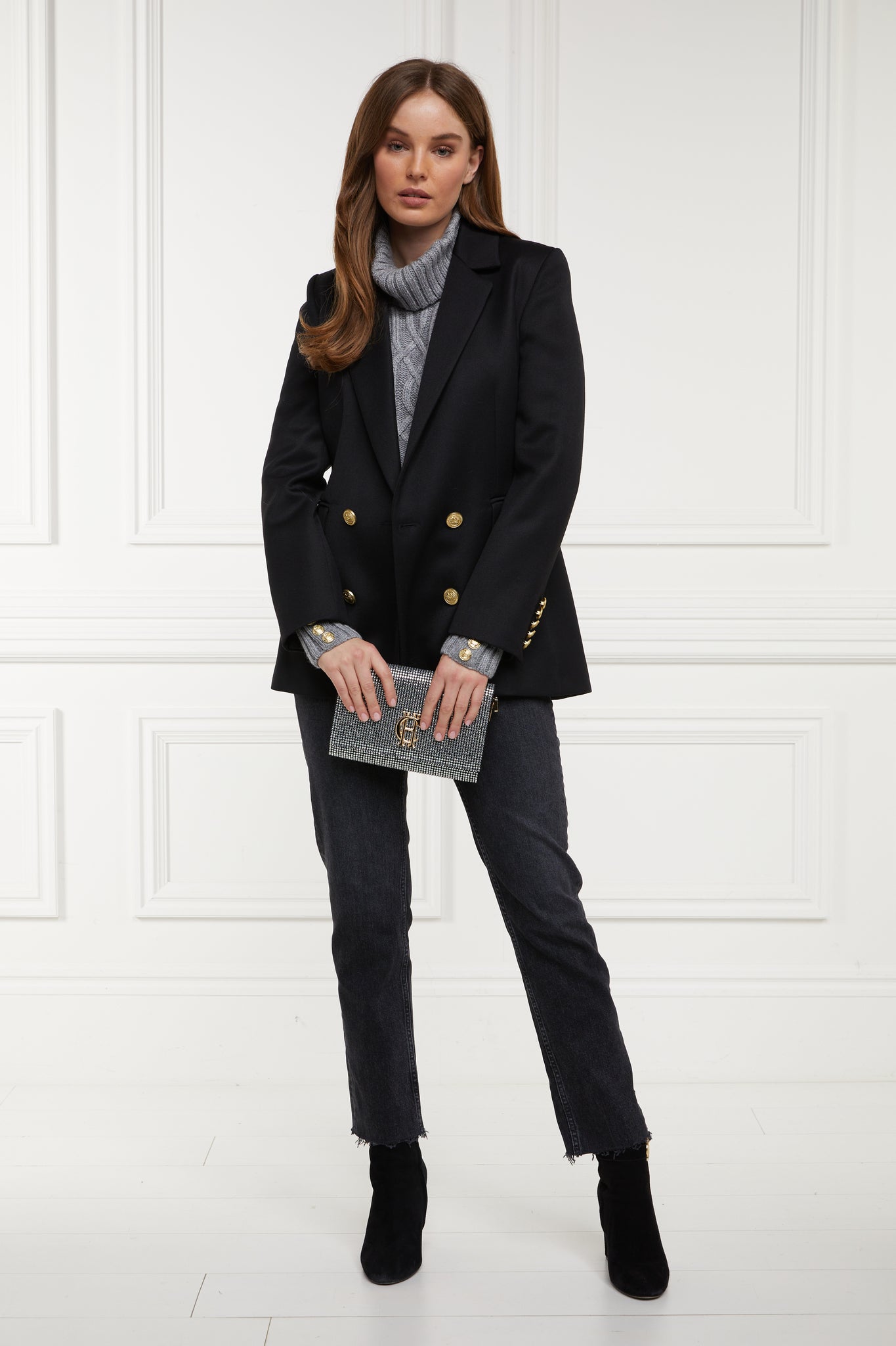 womens black tweed blazer with black straight leg jeans and crystal embellished clutch bag