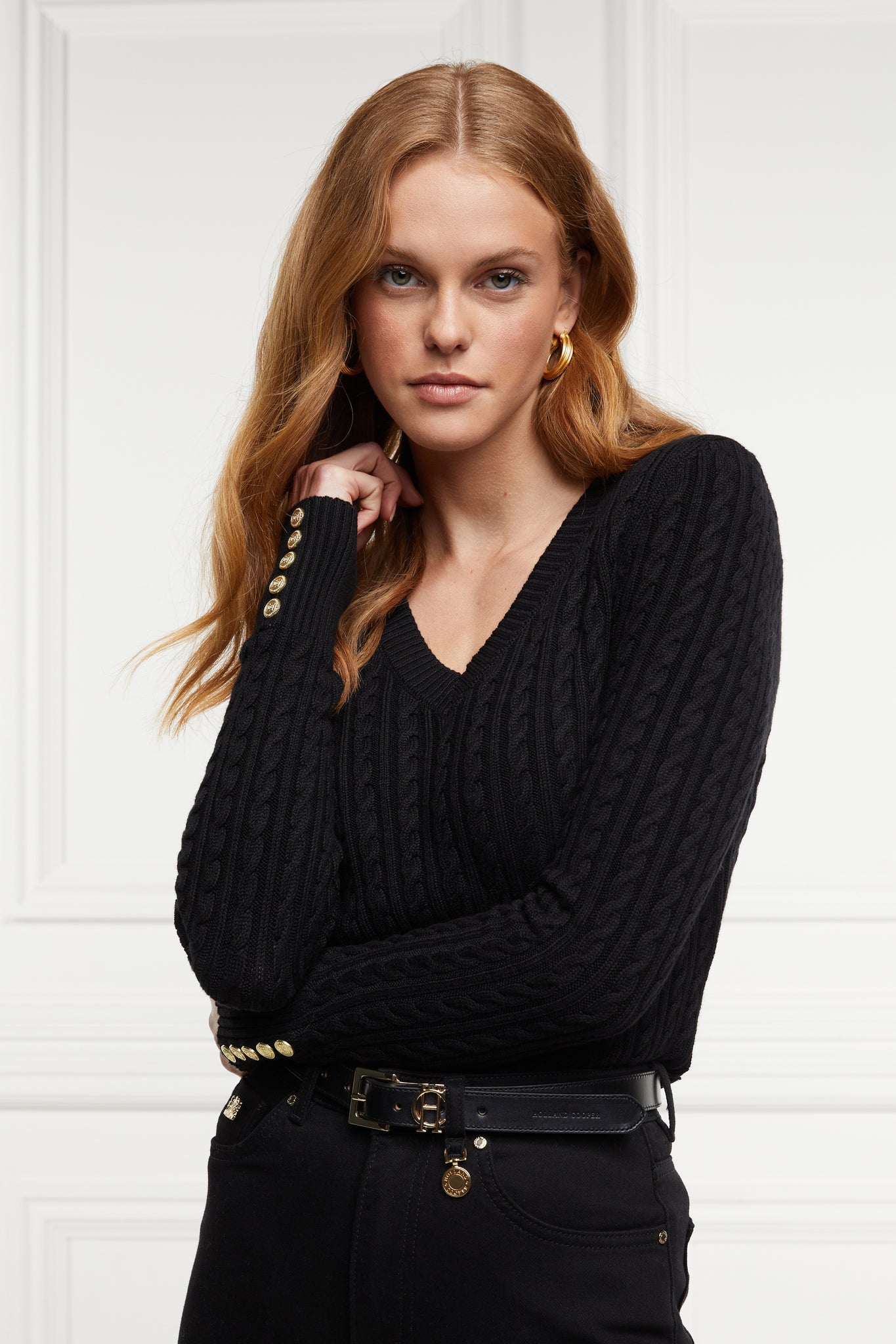 womens lightweight v neck cable knit jumper in black detailed with gold buttons at the cuffs