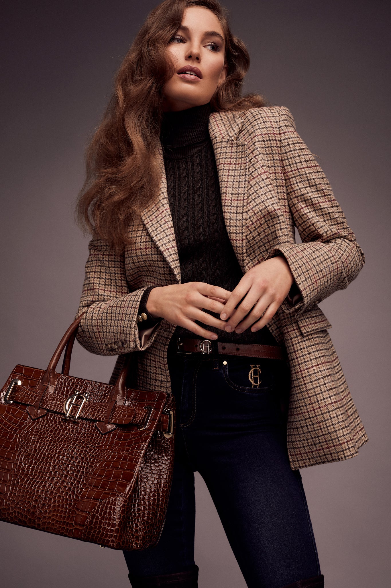 Light brown and red tweed womens double breasted blazer with dark brown croc embossed leather tote bag