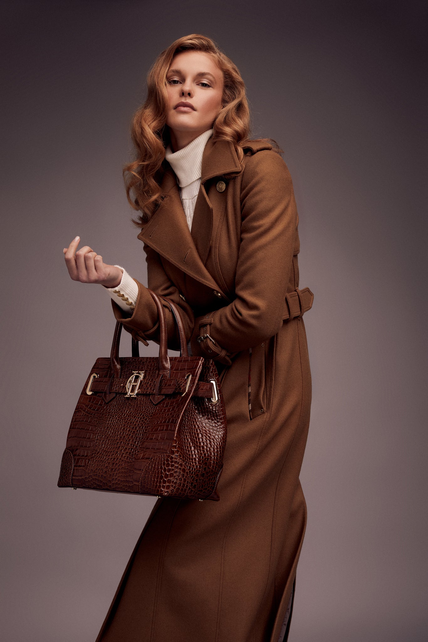 dark camel womens full length wool trench coat with dark brown croc embossed leather tote bag 