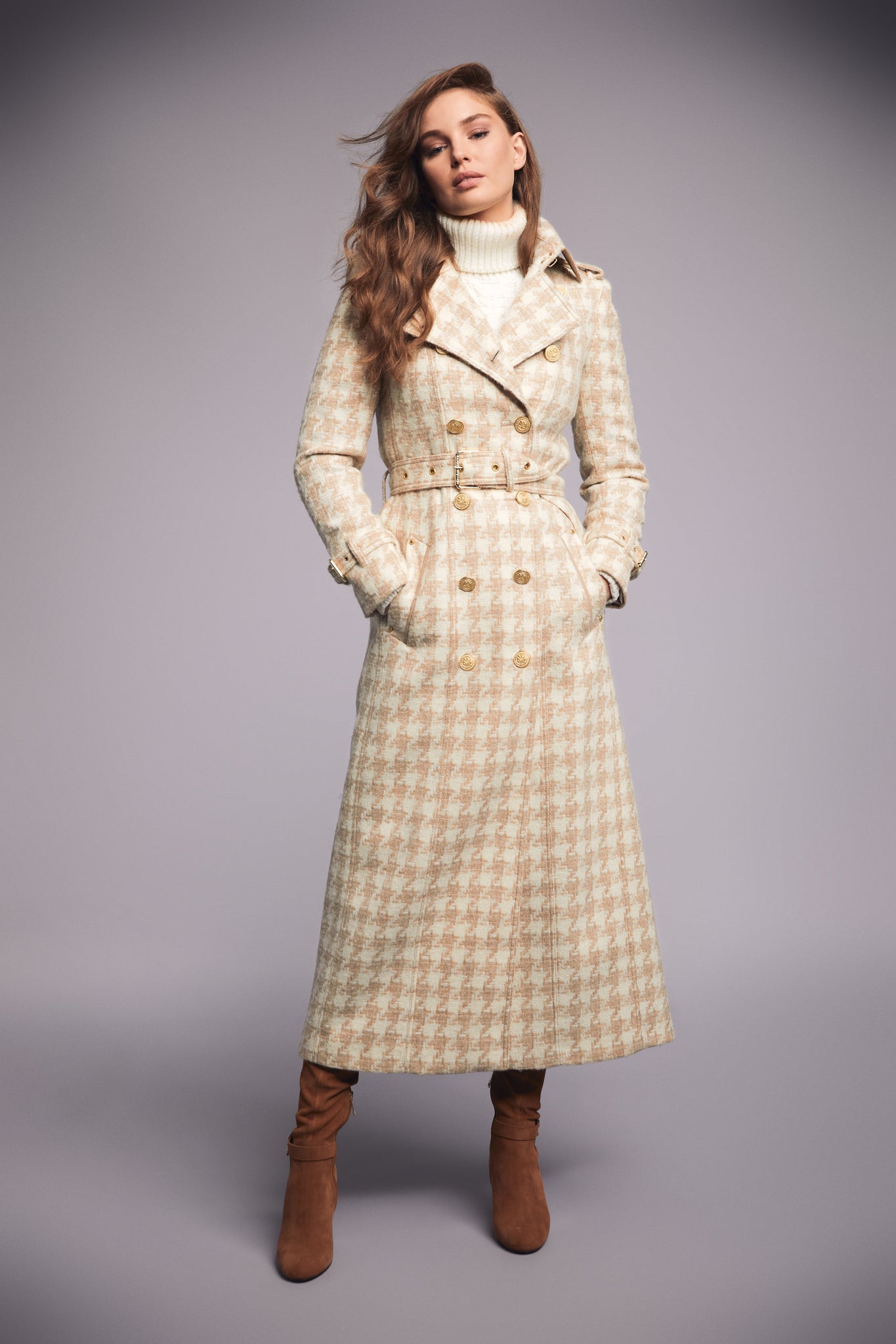 womens cream and camel houndstooth double breasted full length wool trench coat