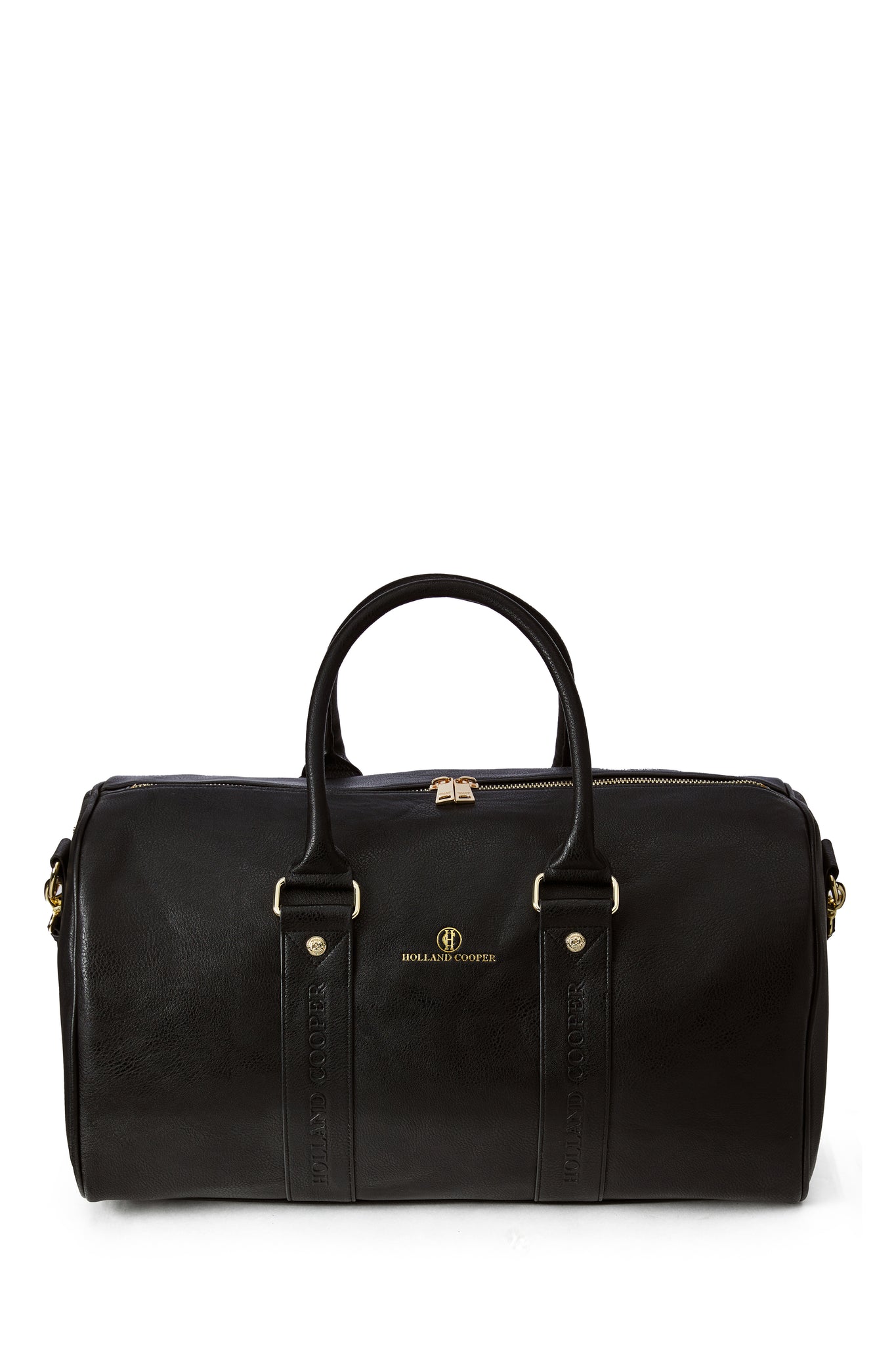 womens black faux leather travel holdall bag with black faux leather handles and gold hardware details and zip