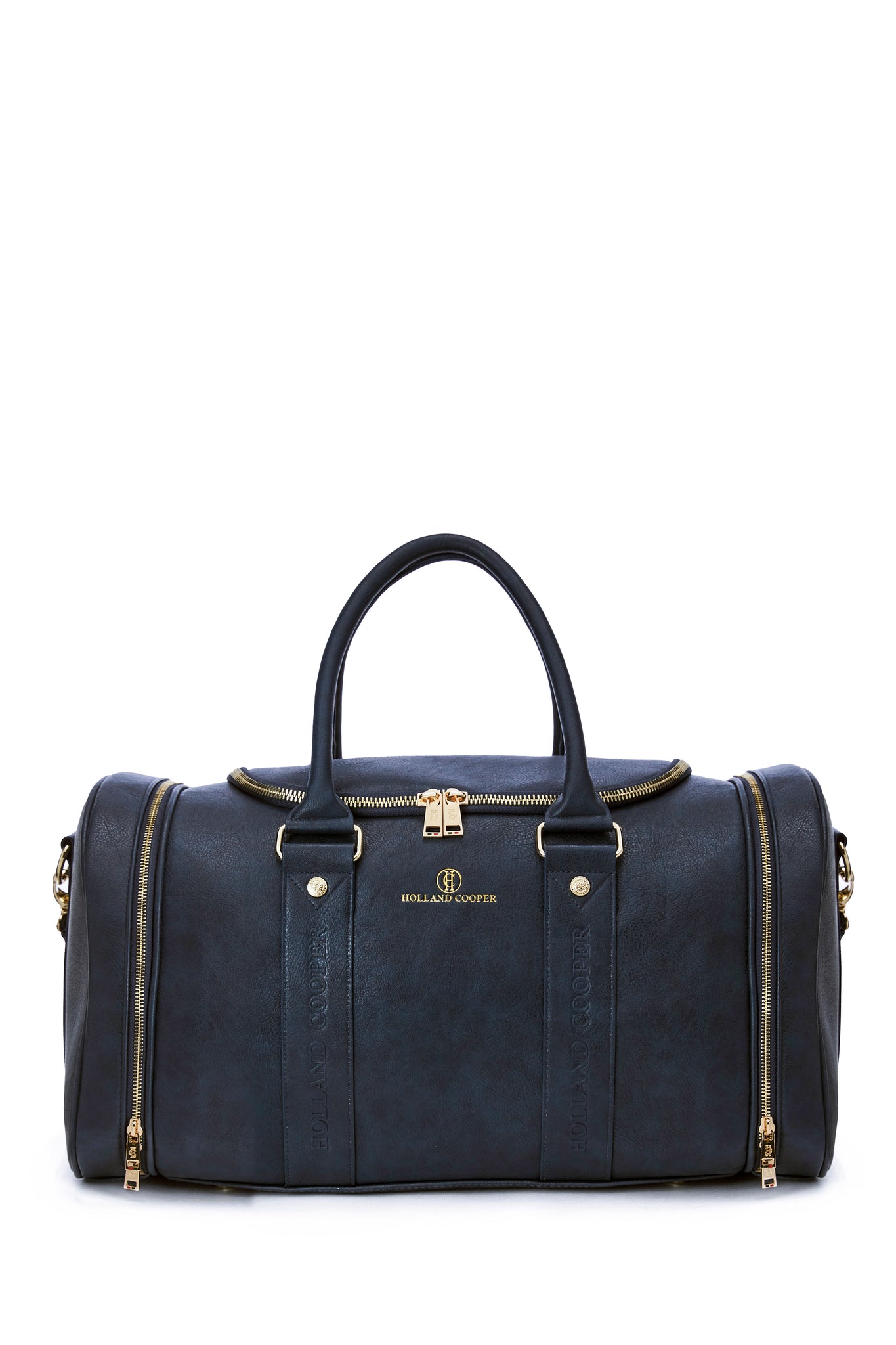 womens navy faux leather equestrian kit bag with side sealed compartments each end with gold hardware