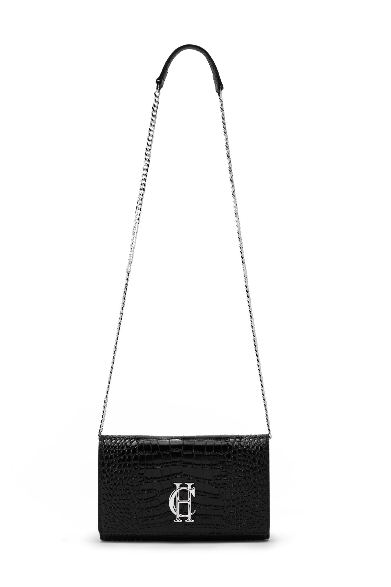 womens black croc embossed leather clutch bag with silver hardware and silver chain 