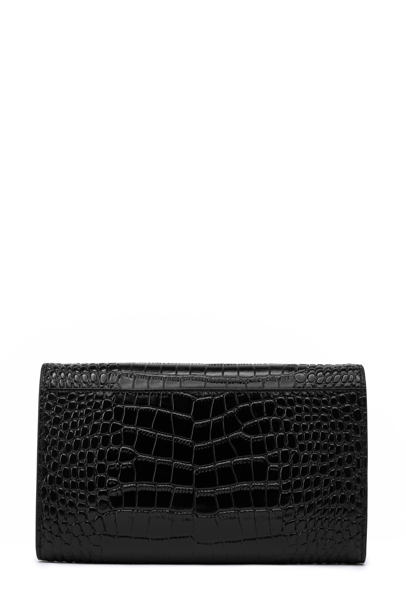 back of womens black croc embossed leather clutch bag with silver hardware