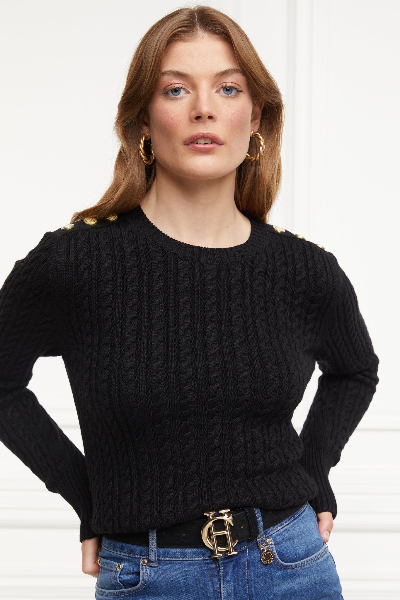 womens cable knit jumper in black with ribbed crew neck cuffs and hem