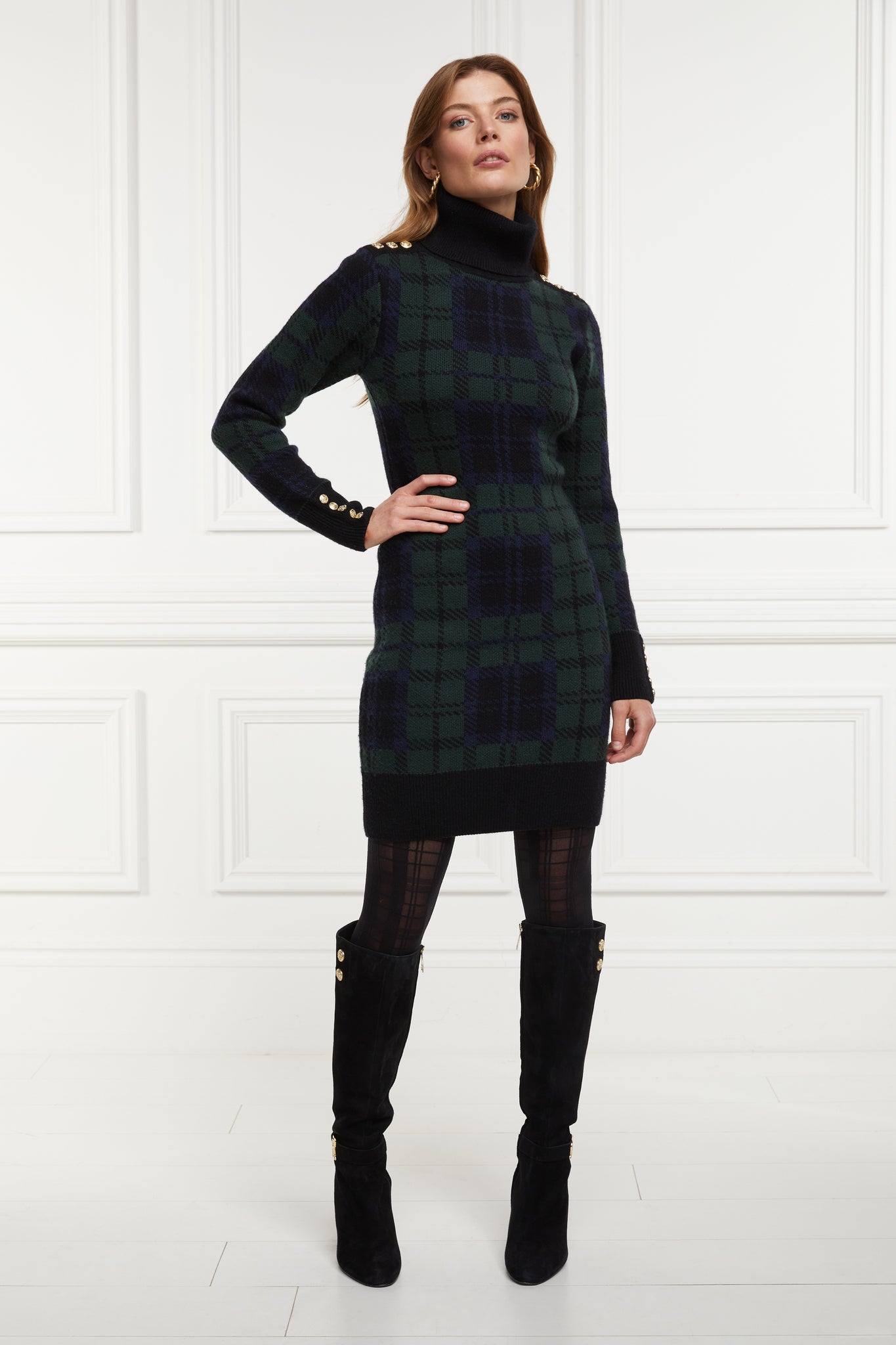 womens green navy and black blackwatch roll neck jumper dress with contrast black cuffs and ribbed hem with gold button detail on the cuffs and shoulder