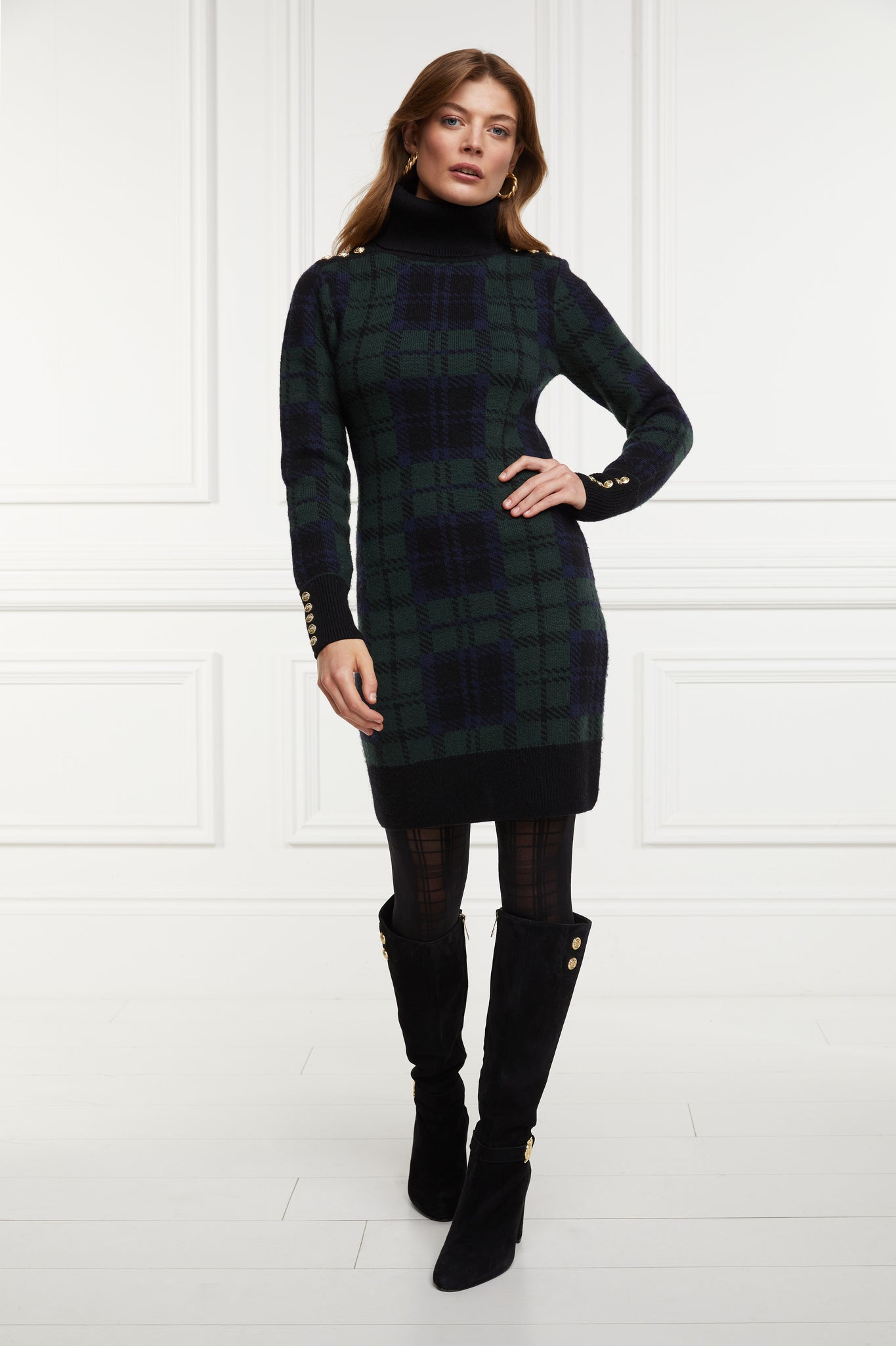 womens green navy and black blackwatch roll neck jumper dress with contrast black cuffs and ribbed hem with gold button detail on the cuffs and shoulder