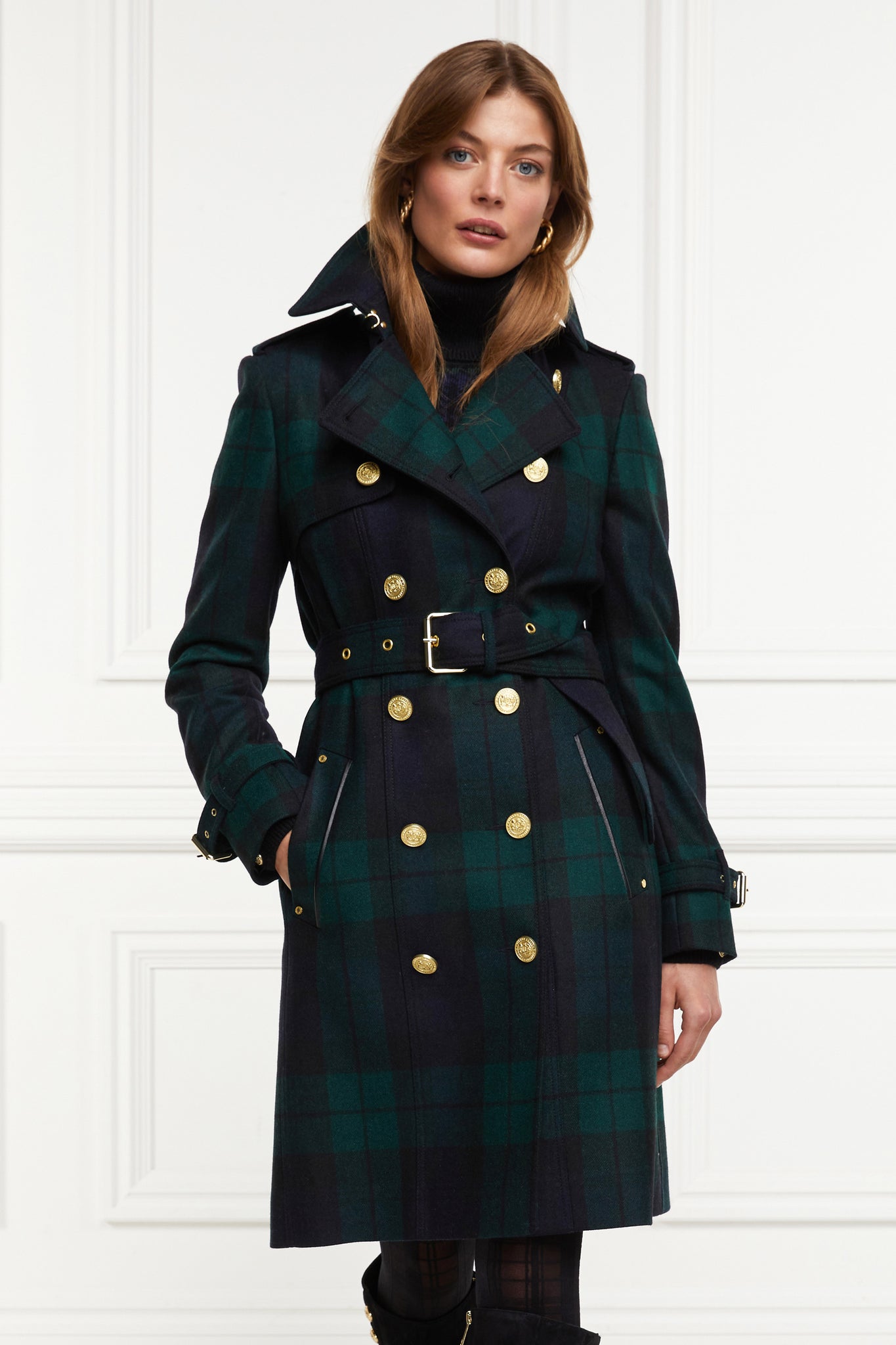 womens blackwatch tartan detailed with gold hardware knee length wool trench coat