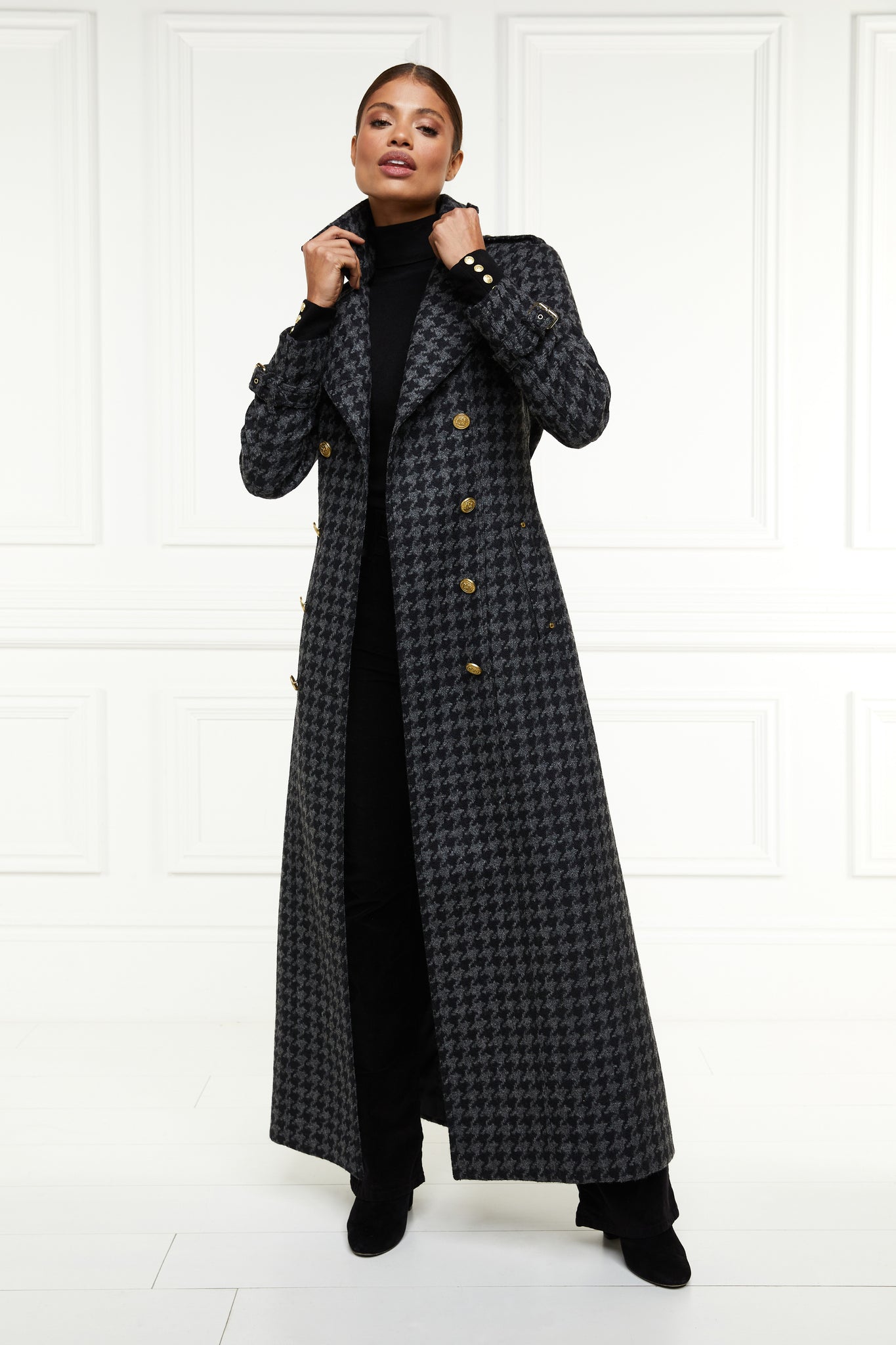 womens wool black and grey large scale houndstooth double breasted trench coat
