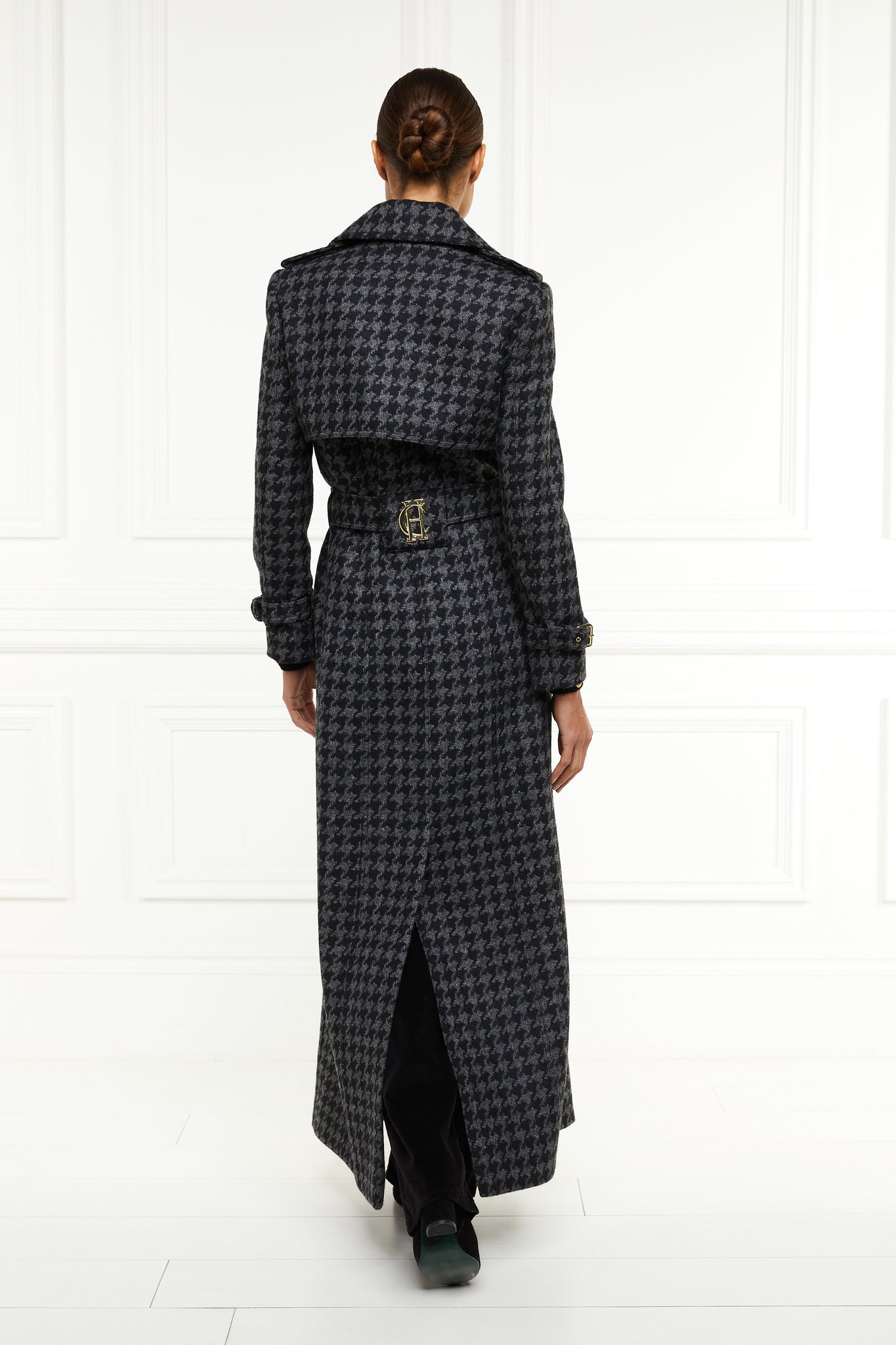 back of womens wool black and grey large scale houndstooth double breasted trench coat
