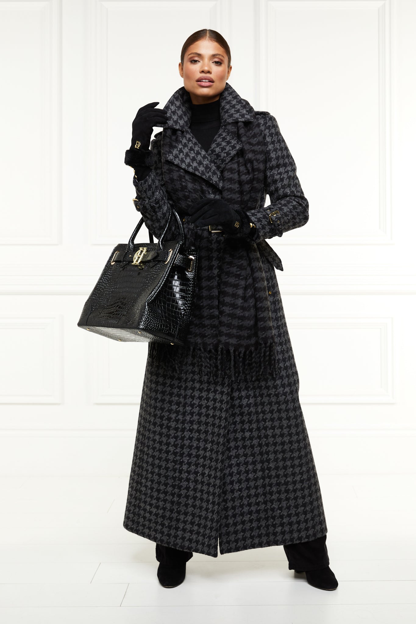womens wool black and grey large scale houndstooth double breasted trench coat  