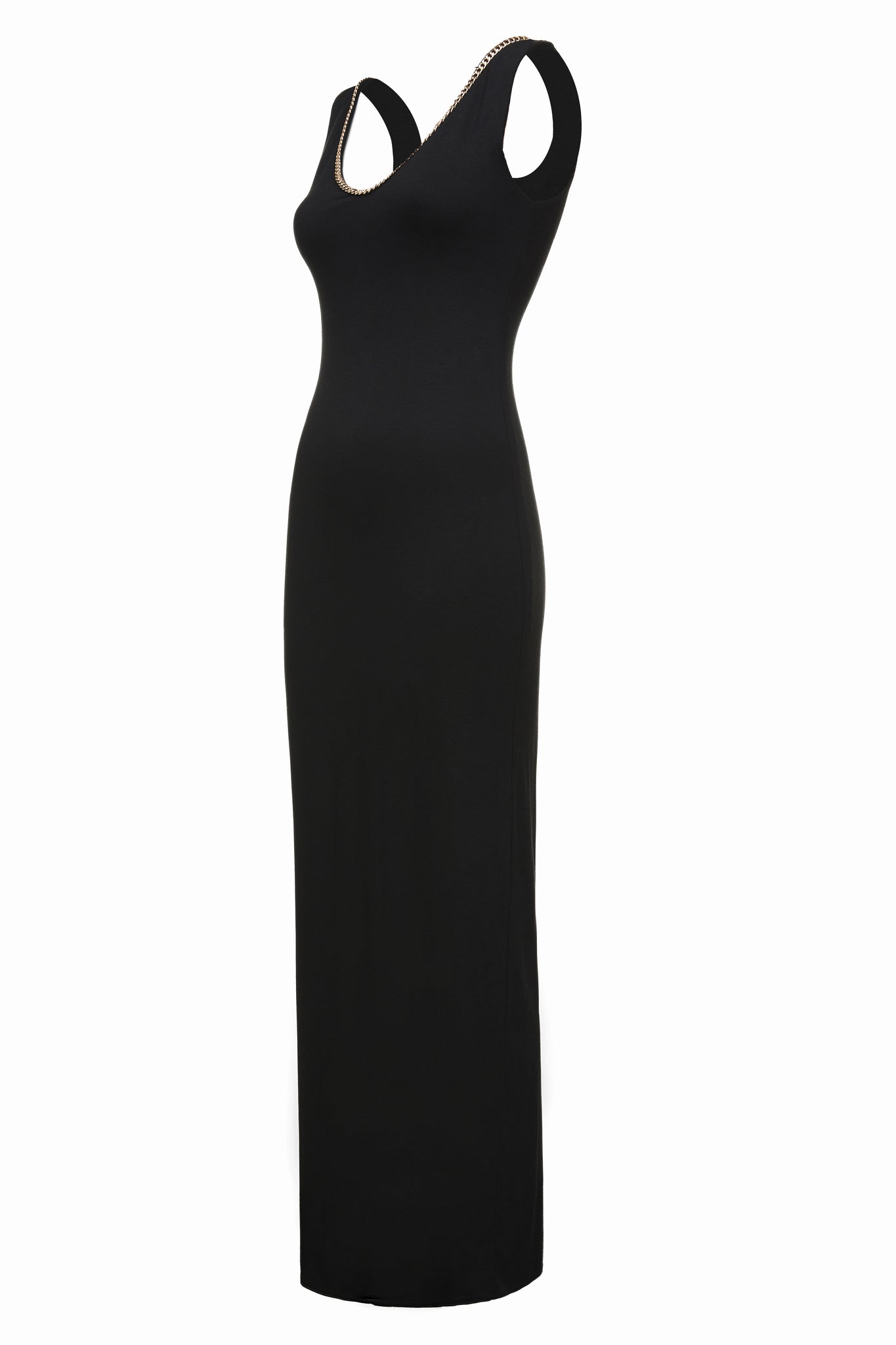side shot of womens black v neck maxi dress with gold chain