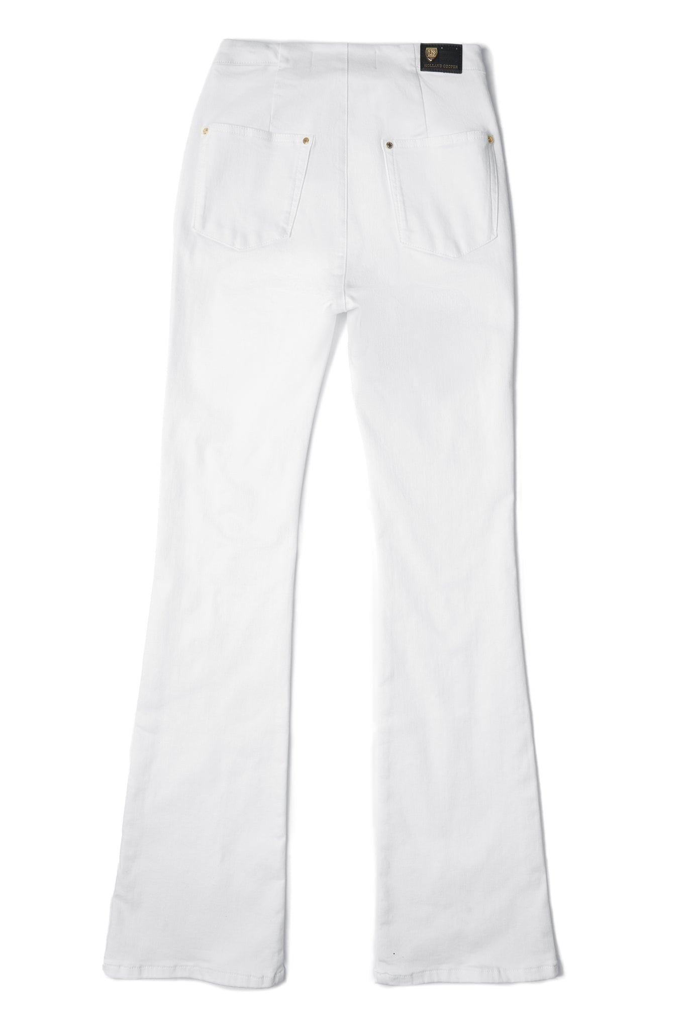 back of womens high rise white flared denim jeans with side zip entry and sailor style front with gold rivets to the front pockets
