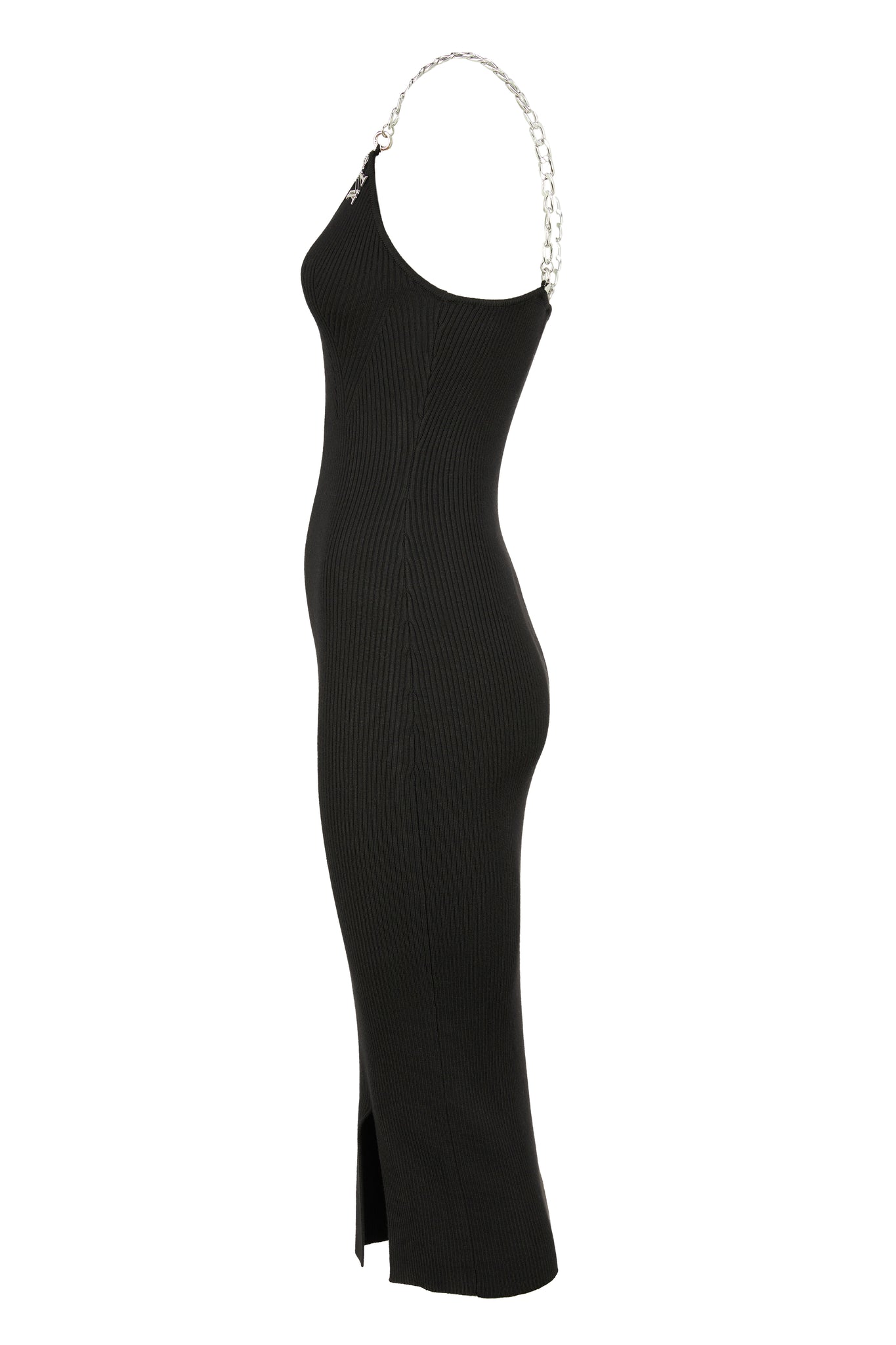 side shot of  womens black ribbed v neck midi dress with silver chain straps