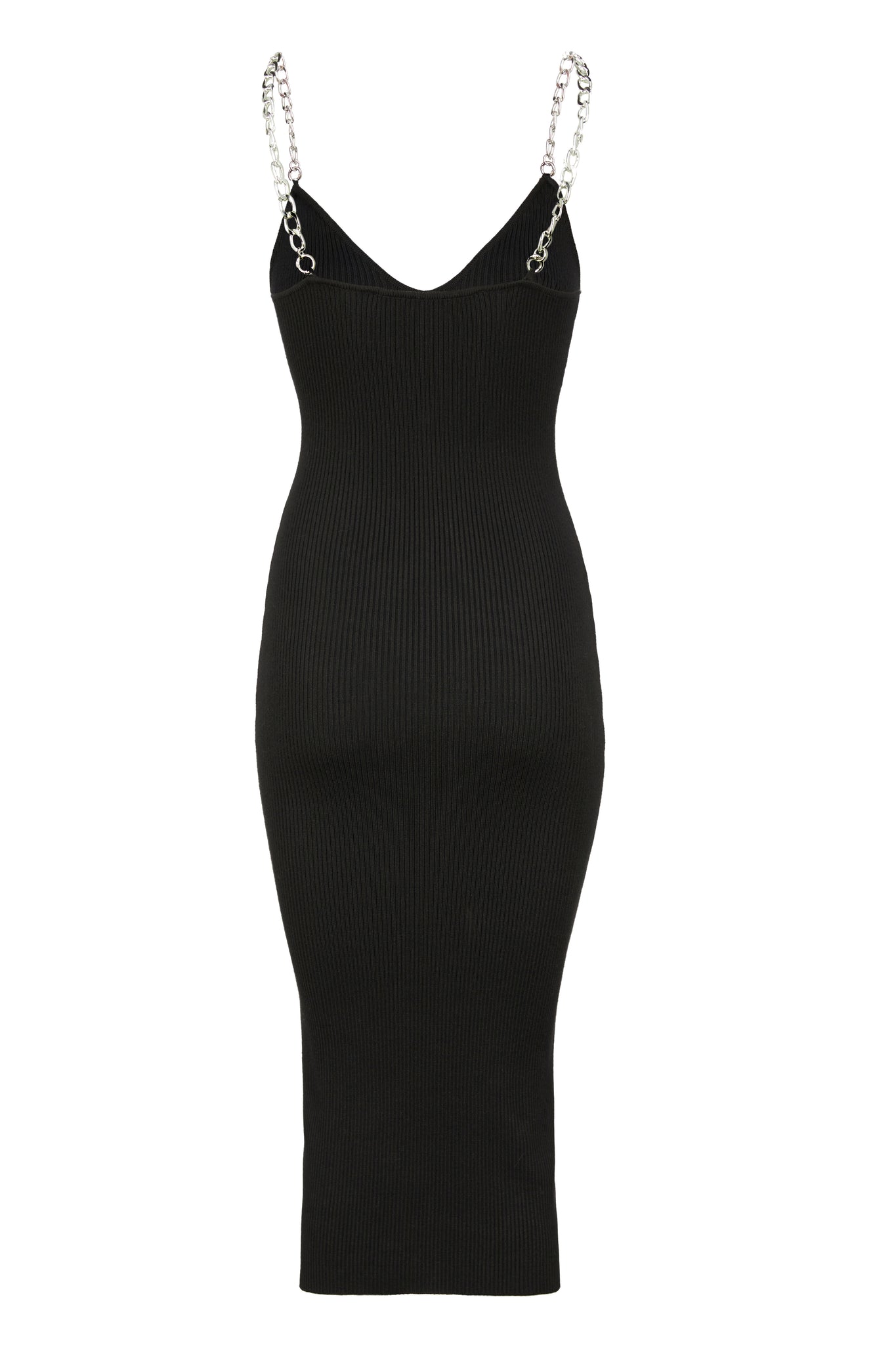 back shot of womens black ribbed v neck midi dress with silver chain straps 