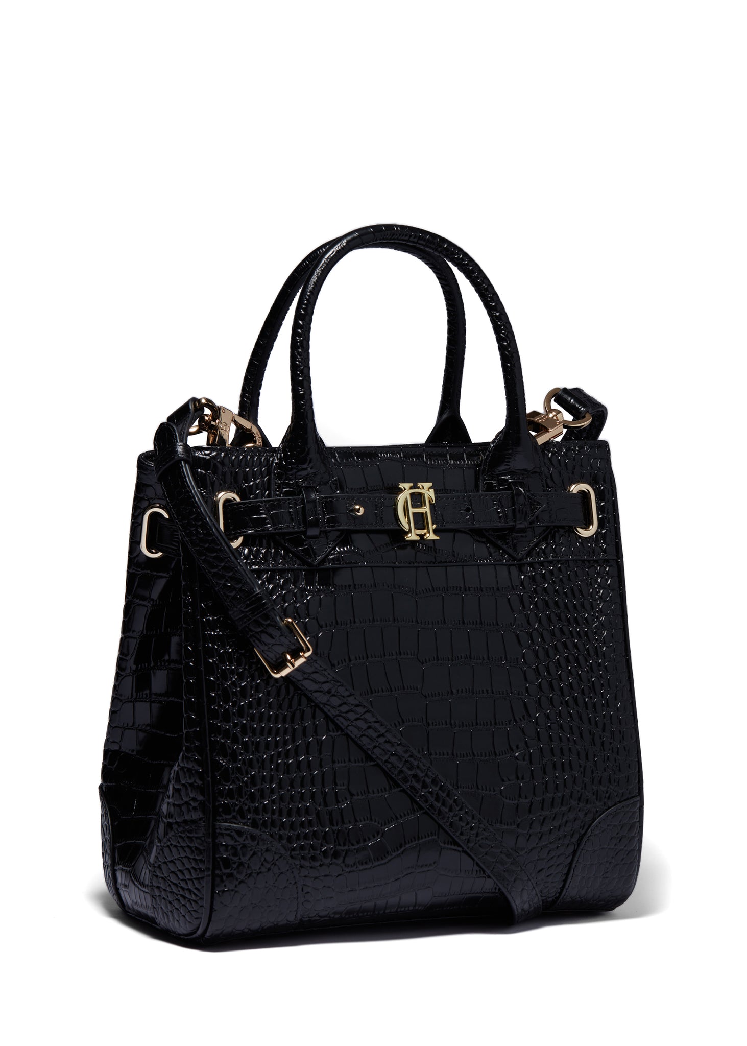 black croc embossed small leather tote bag
