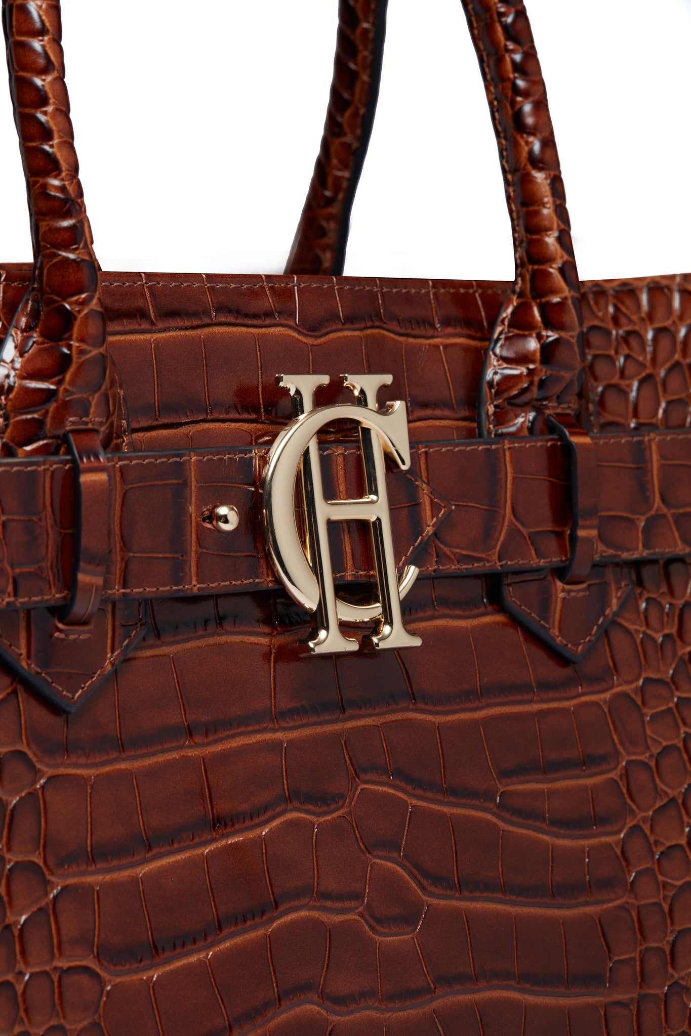 close up of gold hardware on dark brown croc embossed leather tote bag