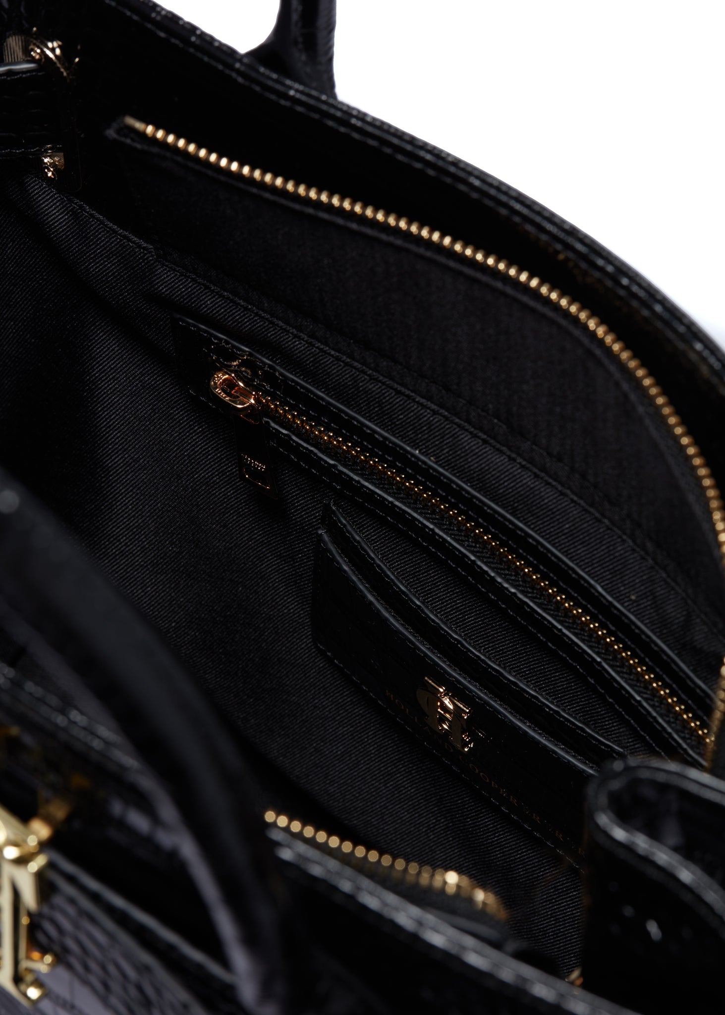 internal card holder and zip pocket in womens black croc embossed leather tote bag