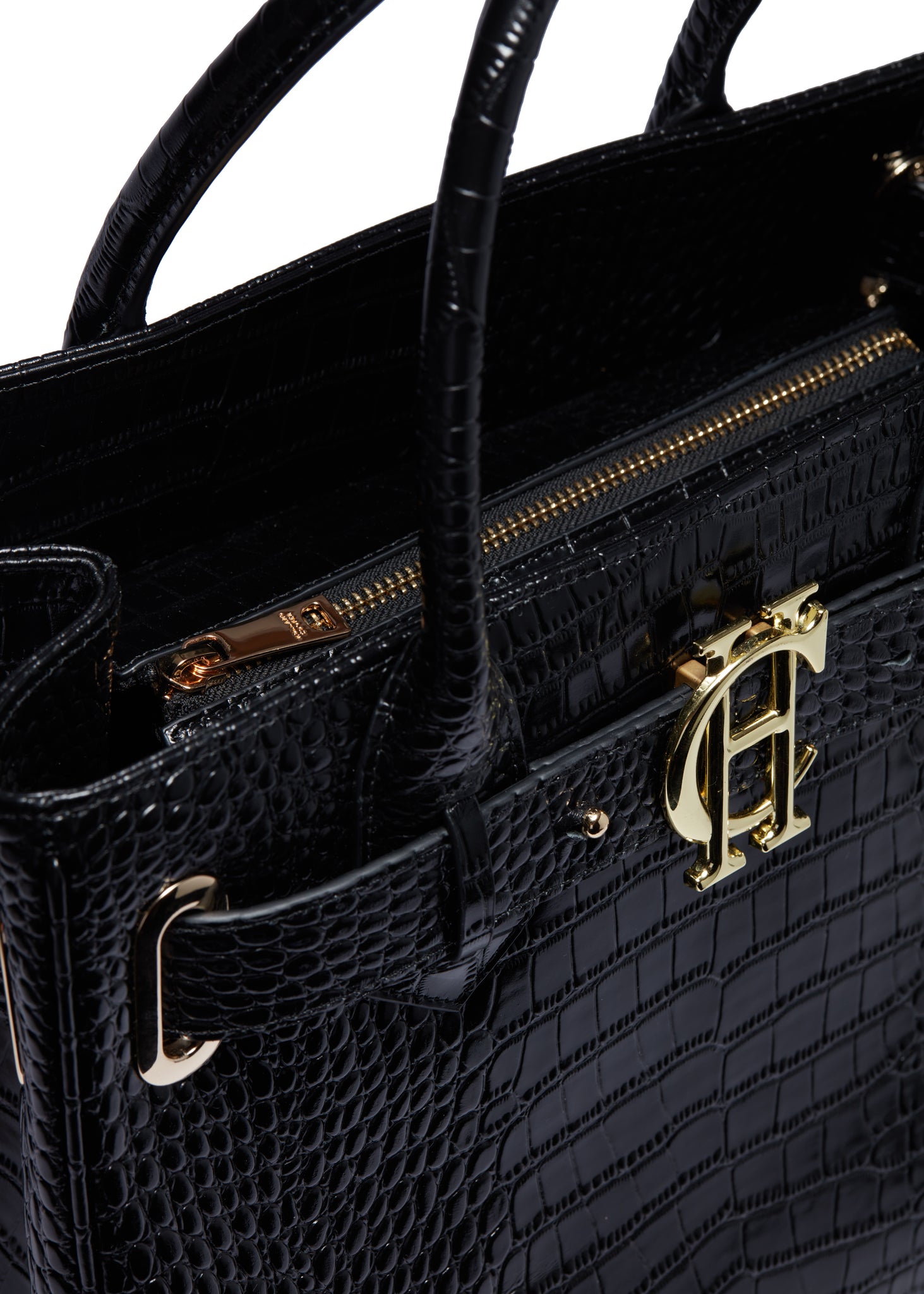 zip detail and gold hardware on womens croc embossed leather tote bag