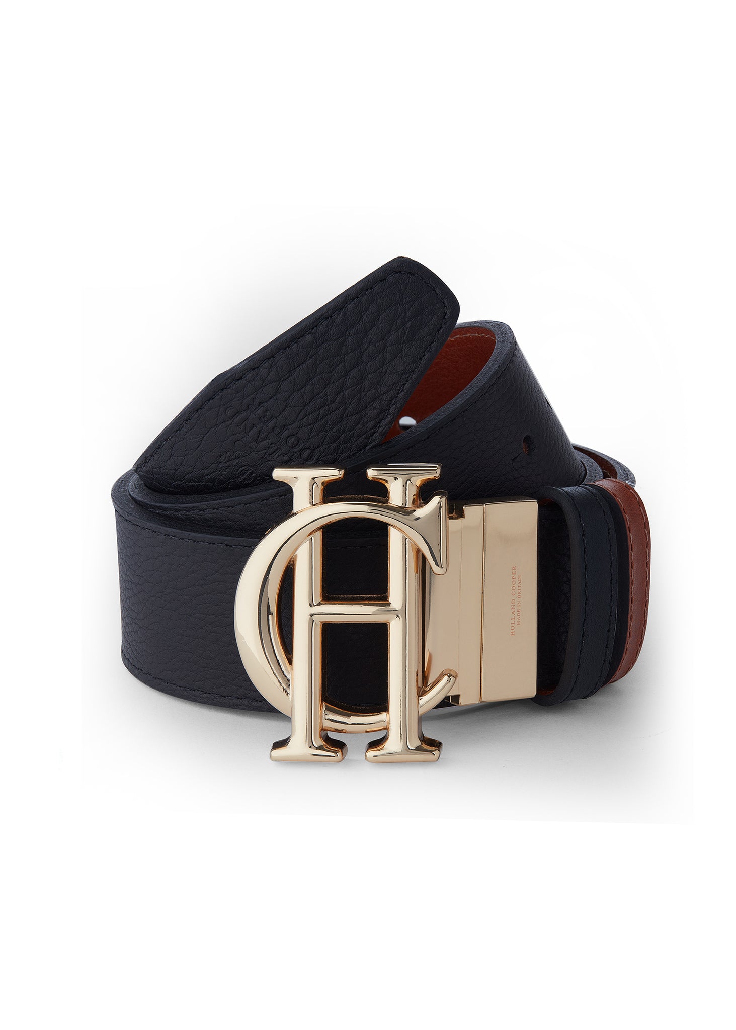 genuine leather reversible belt with tan on one side and black on the other featuring large gold hc belt fastening and 2 belt loops in both colours