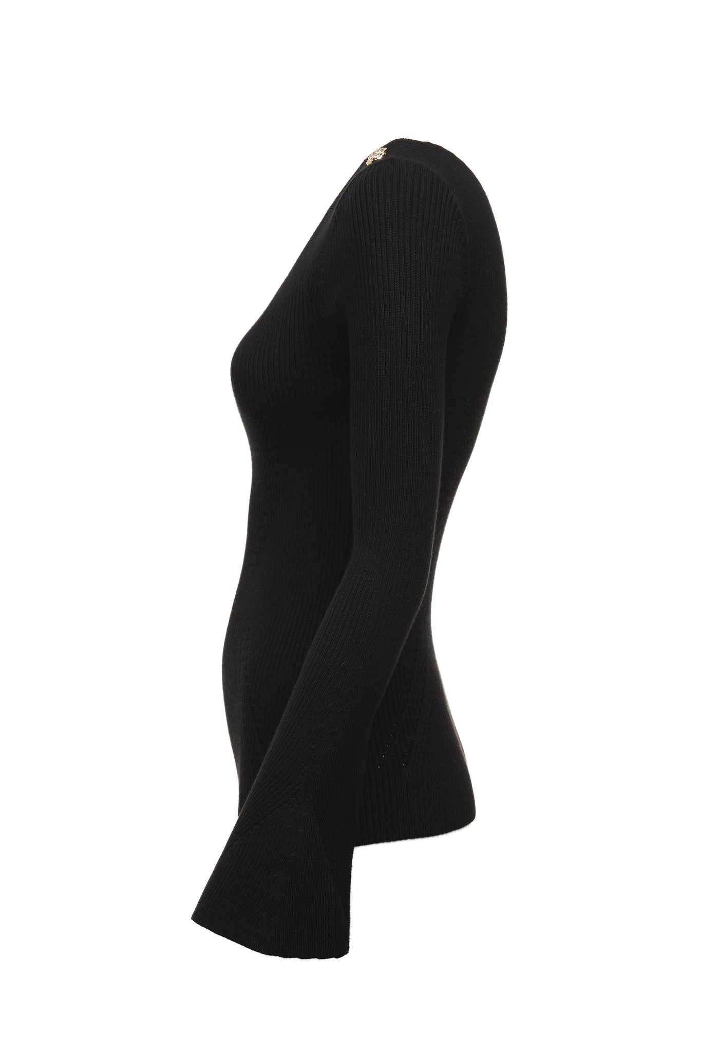 a form fitting lightweight ribbed knit black jumper with a boat neckline and bell sleeves