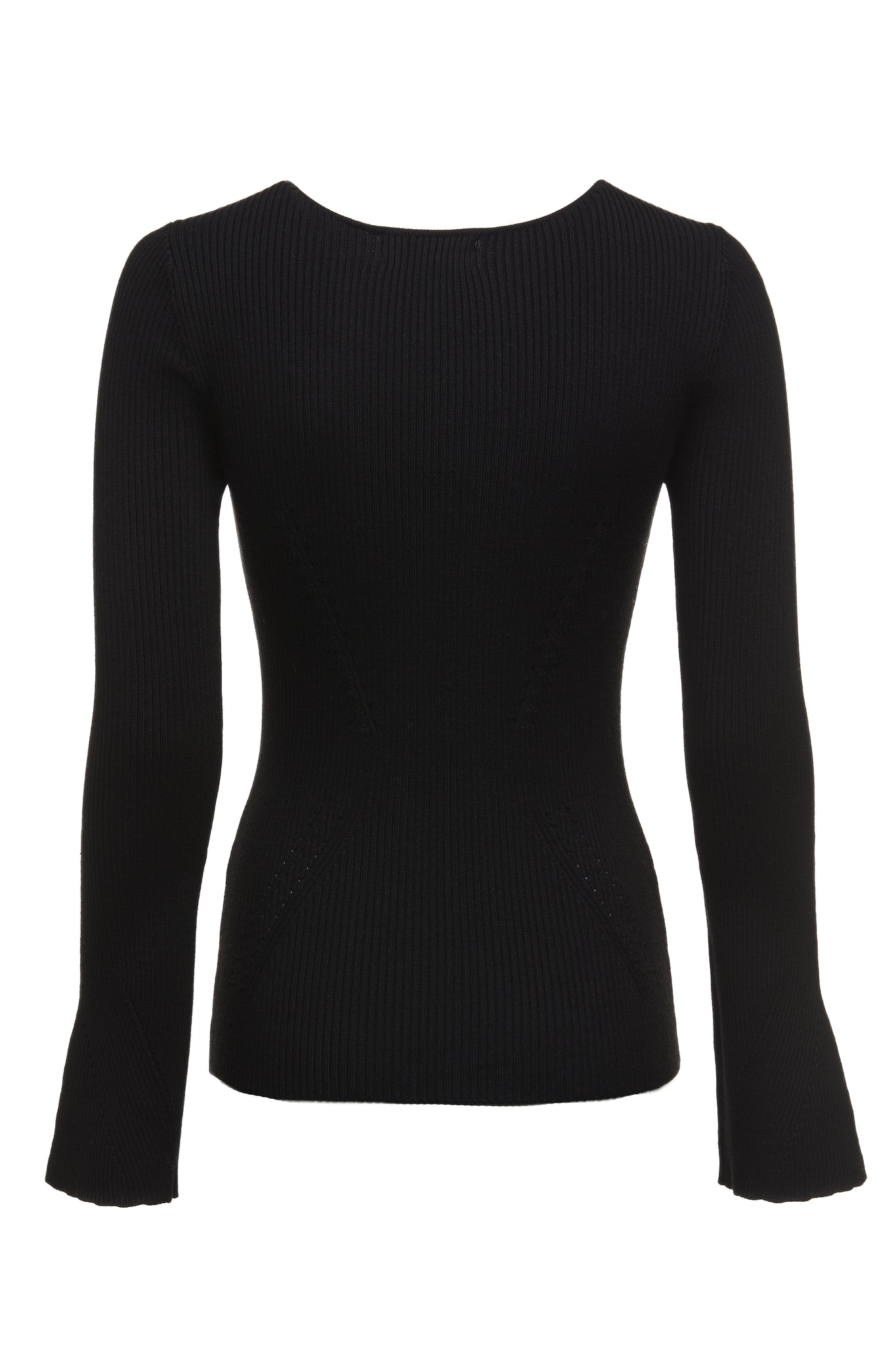 back of a form fitting lightweight ribbed knit black jumper with a boat neckline and bell sleeves