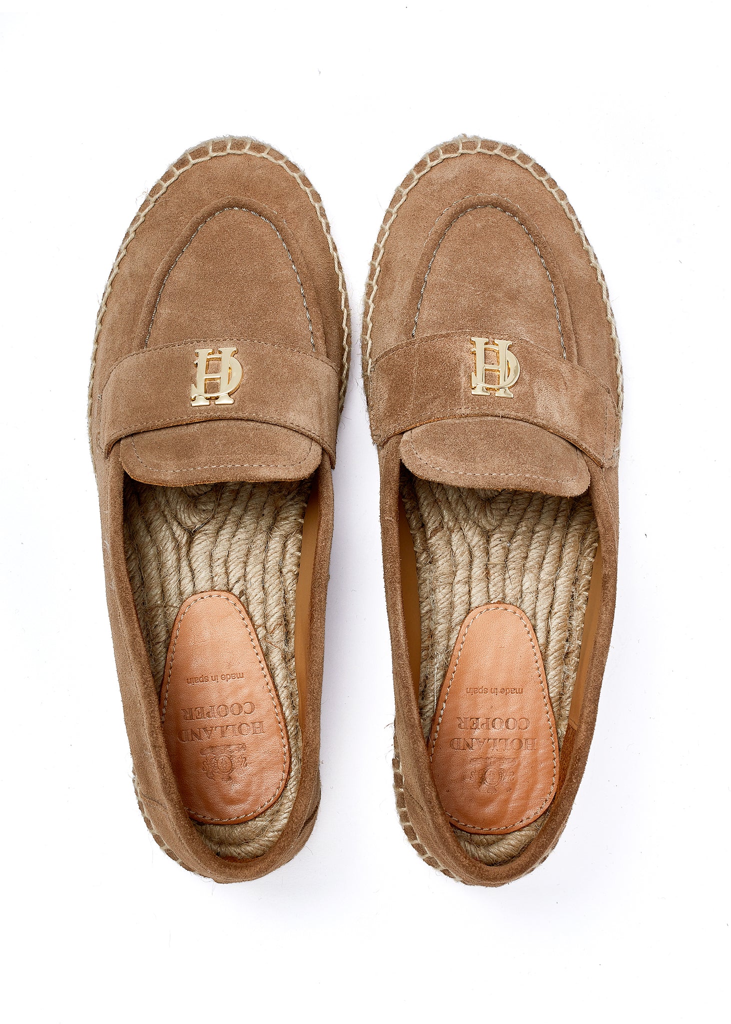 taupe suede espadrille with plaited jute sole and gold hardware on top and branded leather heel pad on the inner sole