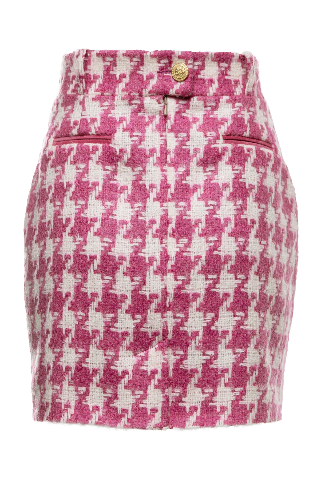 back of womens pink and white houndstooth wool pencil mini skirt with concealed zip fastening on centre back and gold rivets down front