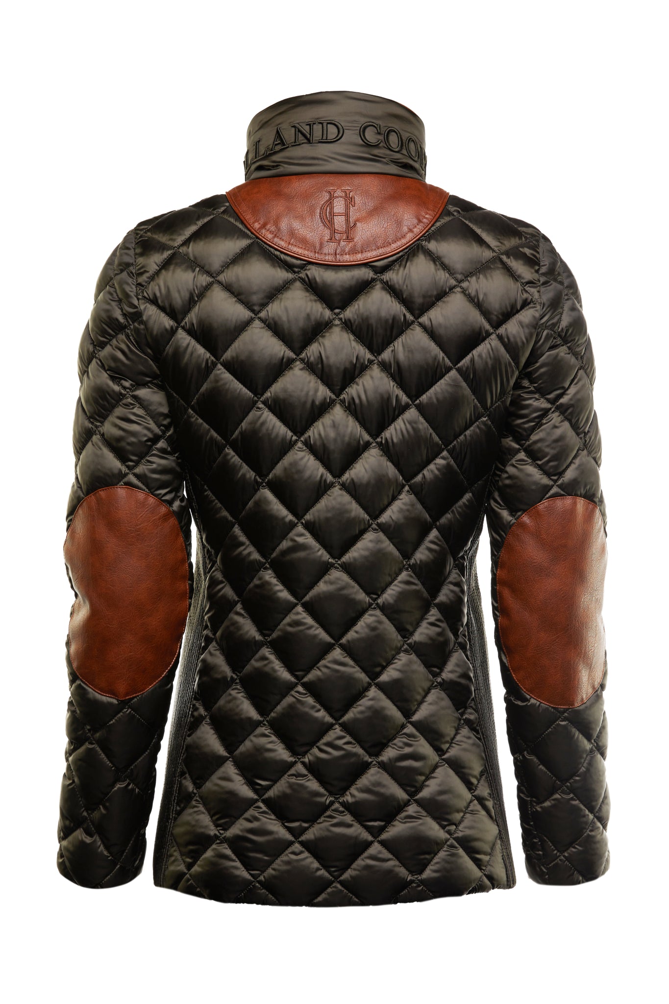 back of womens diamond quilted khaki jacket with contrast tan leather elbow and shoulder pads large front pockets and shirred side panels