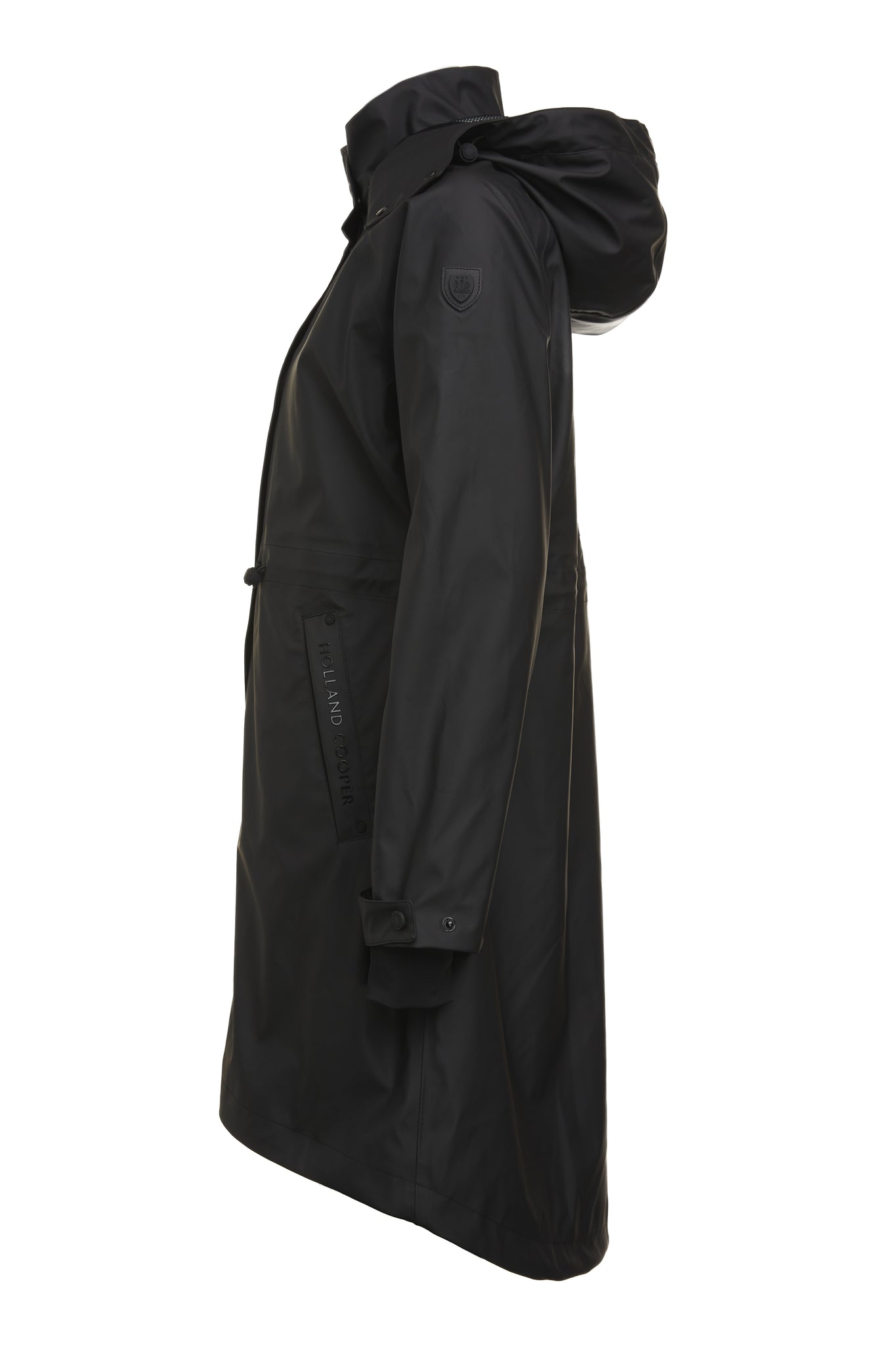 side of womens black hooded rain coat with black hardware 