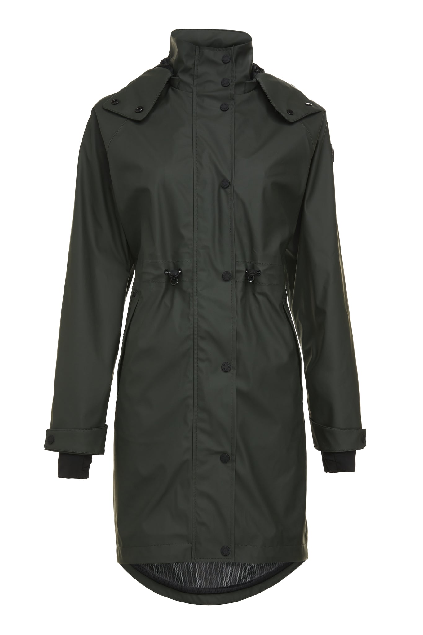 front of womens green hooded rain coat with black hardware 