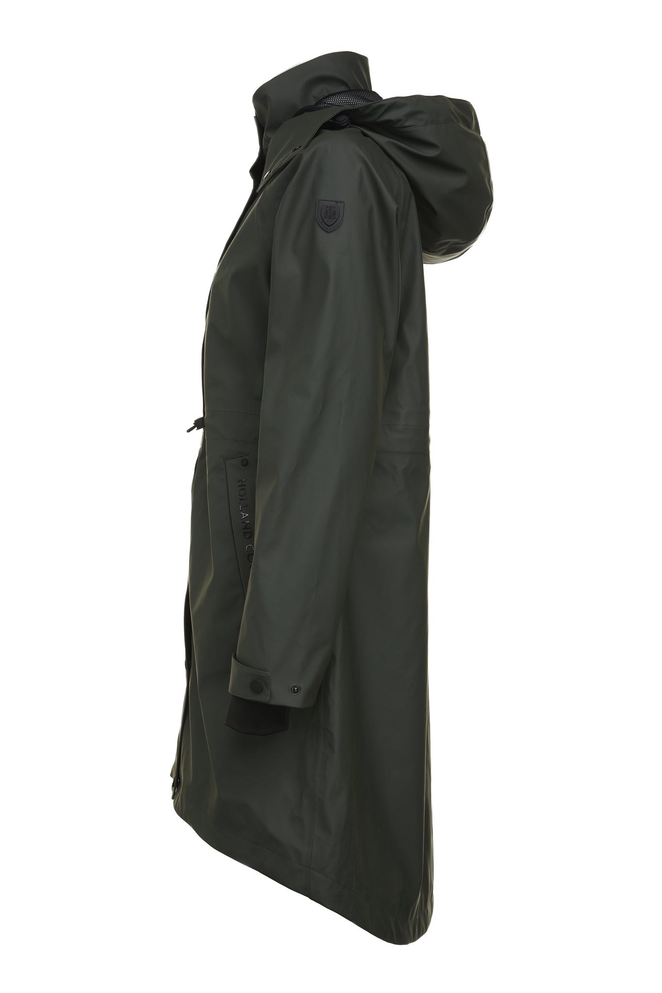 side of womens green hooded rain coat with black hardware 