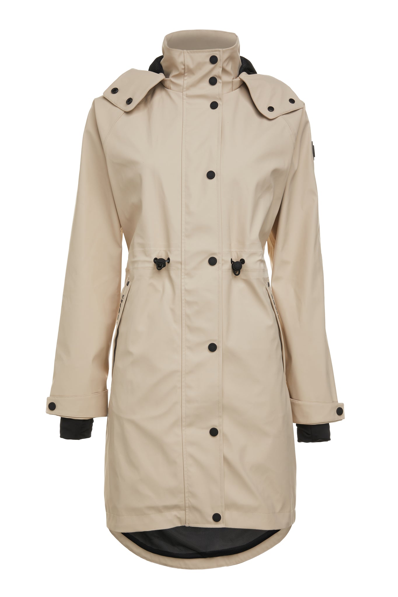 Front image of womens stone rain coat with black details