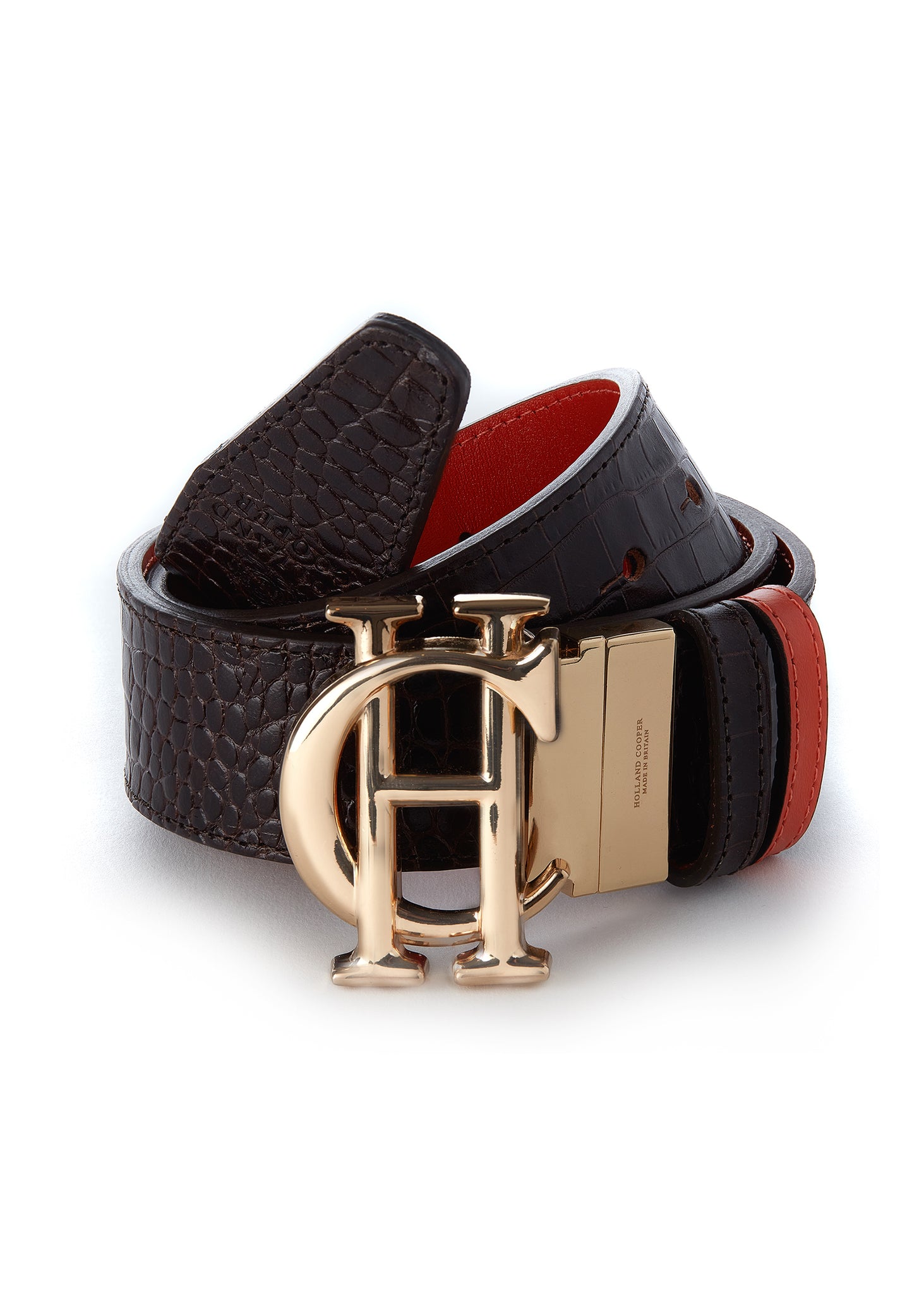 genuine leather reversible belt with orange on one side and chocolate croc on the other featuring large gold hc belt fastening and 2 belt loops in both colours